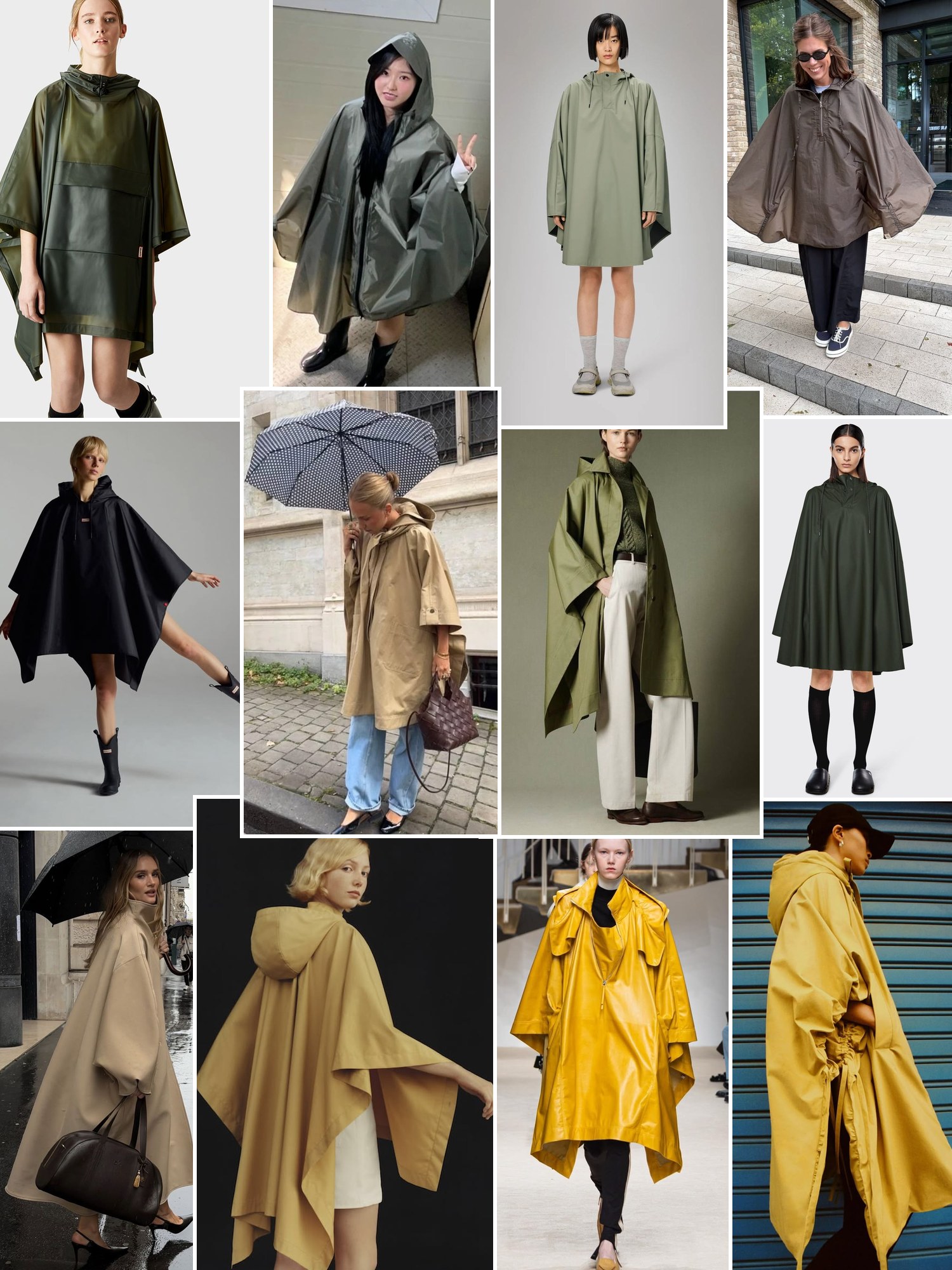 Collage of everyday outfits built around rain poncho