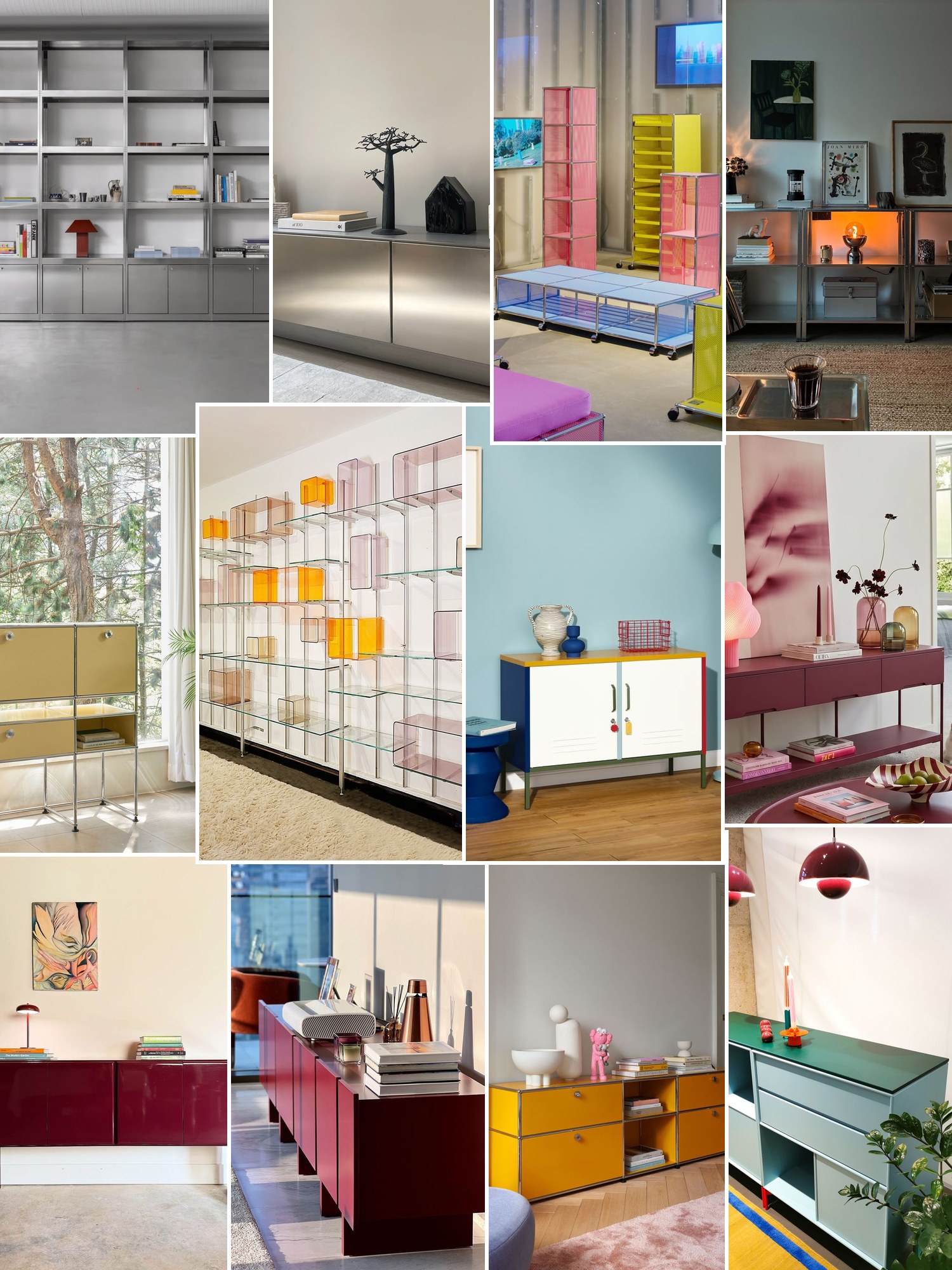 Collage of modular metal media consoles and similar looks