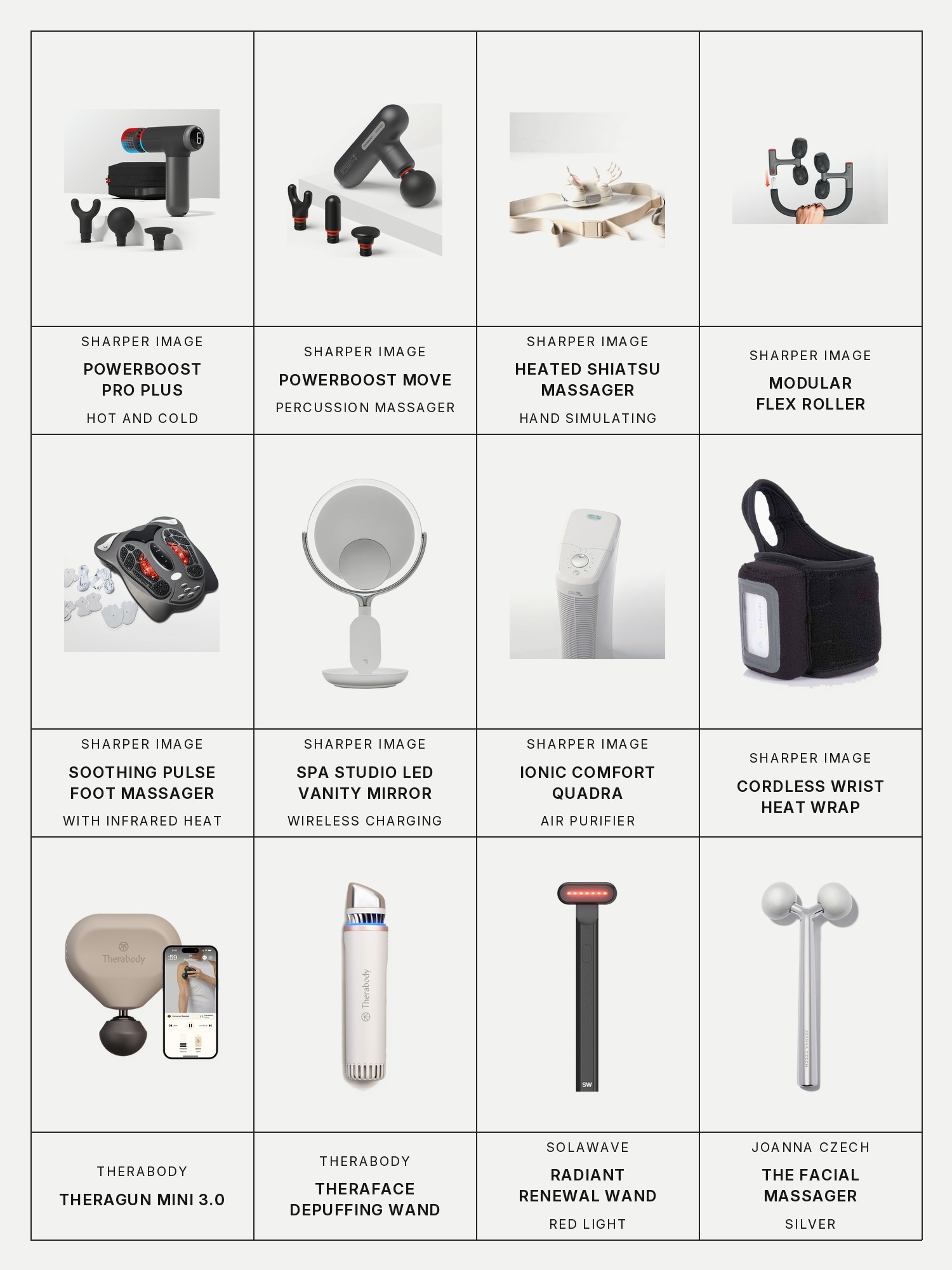 Twelve boxes on a pale grey page, one for each product in this edit, each with its brand and name printed below: Sharper Image PowerBoost Pro Plus Hot and Cold Compact Massage Gun, Sharper Image Powerboost Move Portable Percussion Massager Aero, Sharper Image Hand Simulating Heated Shiatsu Massager, Sharper Image Modular Flex Roller, Sharper Image Soothing Pulse Foot Massager with Infrared Heat, Sharper Image Spa Studio LED Vanity Mirror with Wireless Charging, Sharper Image Ionic Comfort Quadra Air Purifier with Dial, Sharper Image Cordless Wrist Heat Therapy Wrap, Therabody Theragun Mini 3.0, Therabody Theraface Depuffing Wand, SolaWave Radiant Renewal Red Light Skincare Wand and Joanna Czech The Facial Massager.