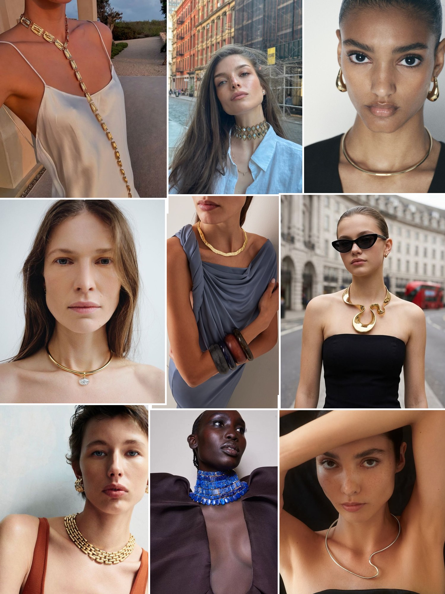 Street style collage of women wearing collar necklace