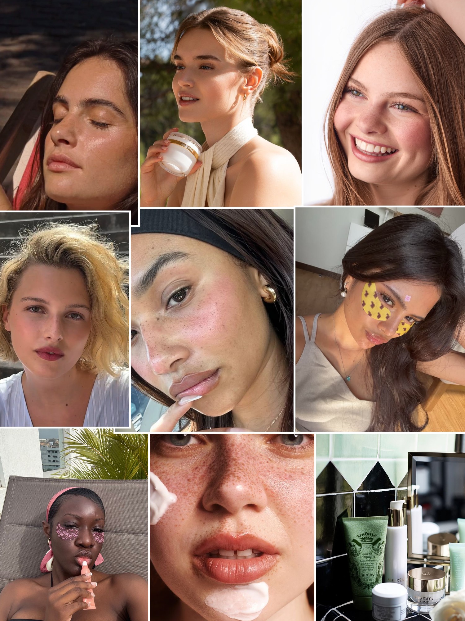 Collage of glowing skin, soft beauty looks, skincare rituals and a polished vanity mood.