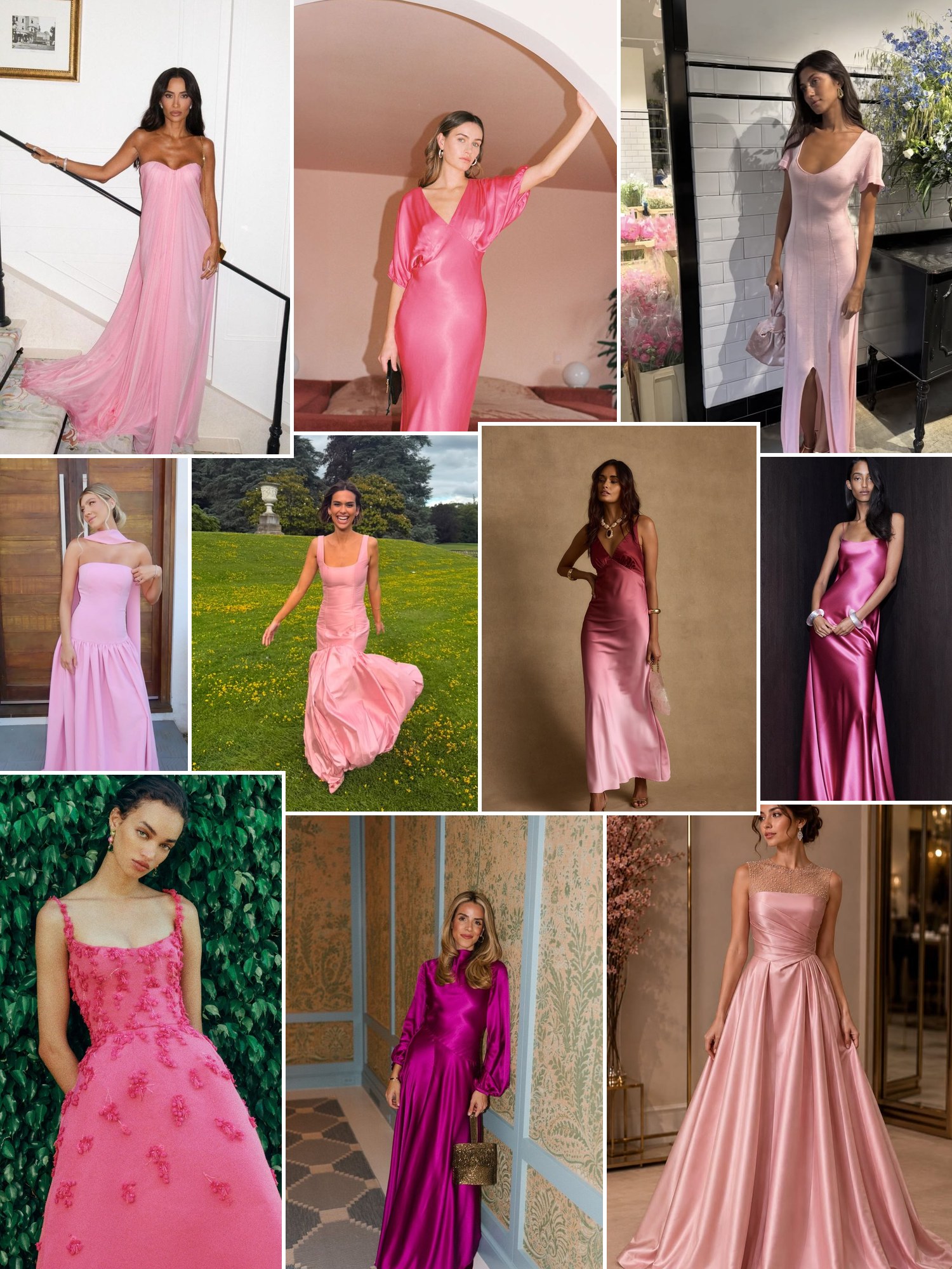 Street style collage of women wearing pink formal dresses