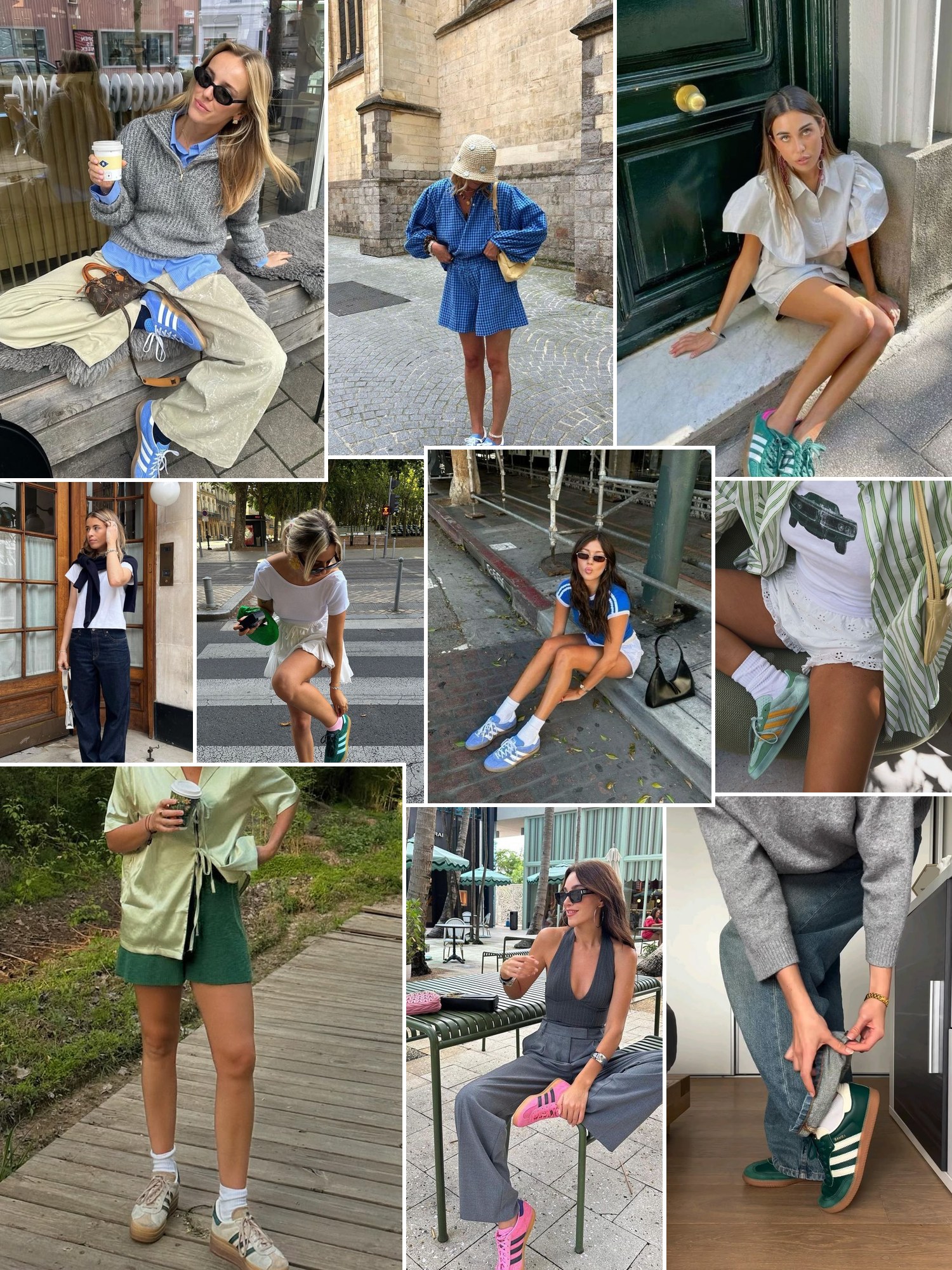 Collage of everyday outfits built around Adidas Gazelle