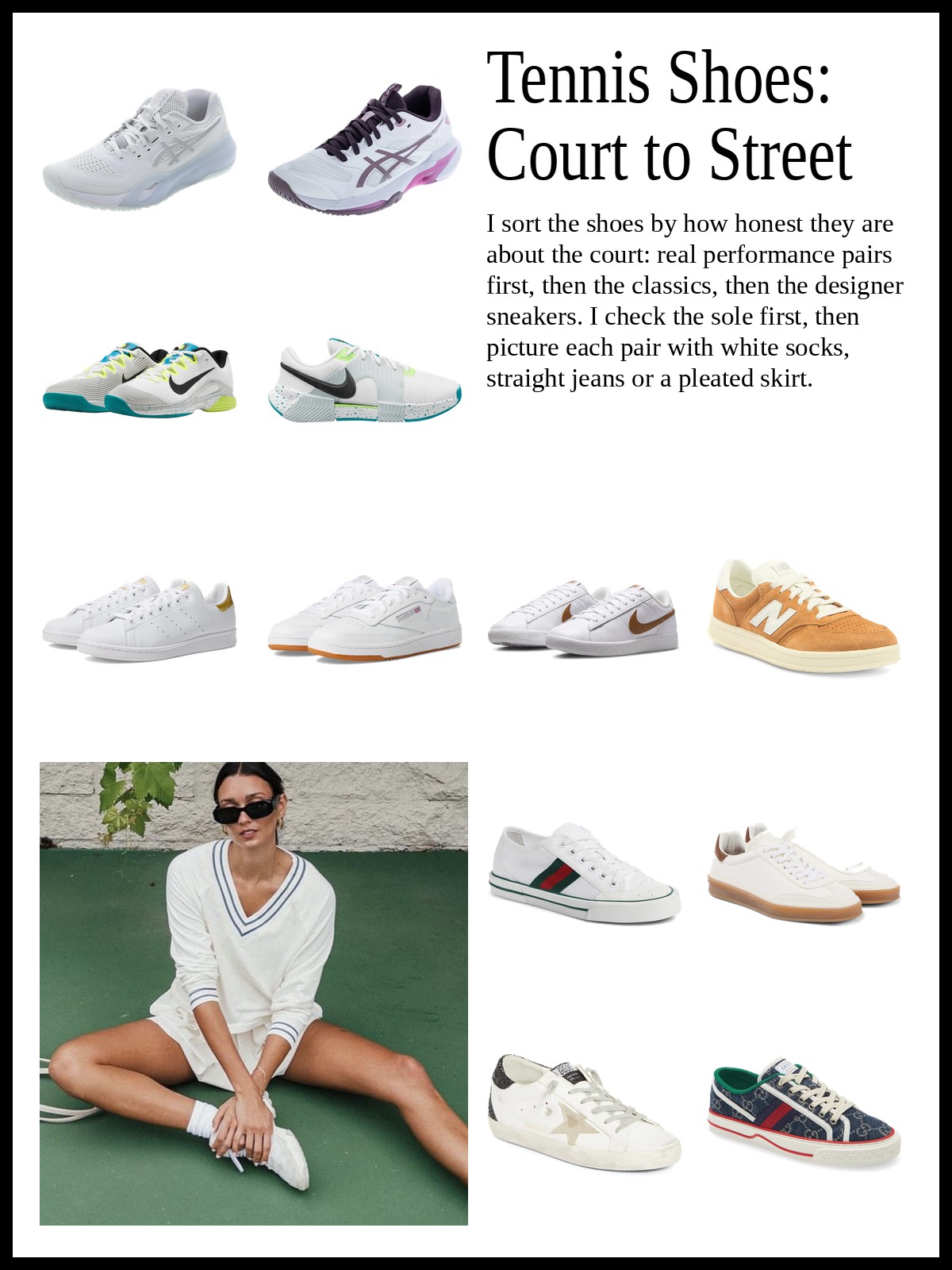 Collage of white and pink performance court shoes, white leather and suede court classics, and designer court sneakers, plus a mood photo of a woman in a white V-neck tennis sweater seated on a green court