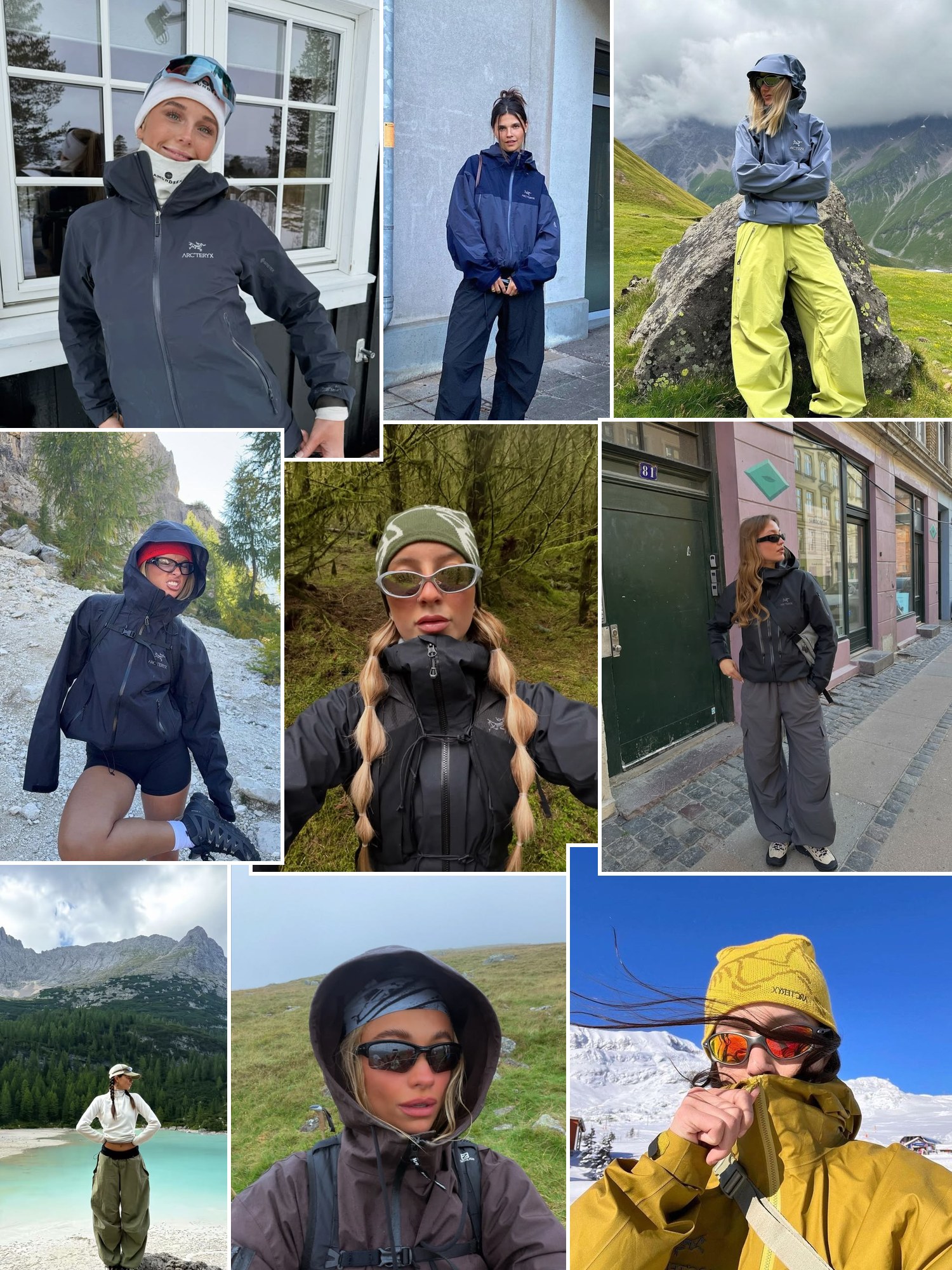Street style collage of women wearing Arc'teryx