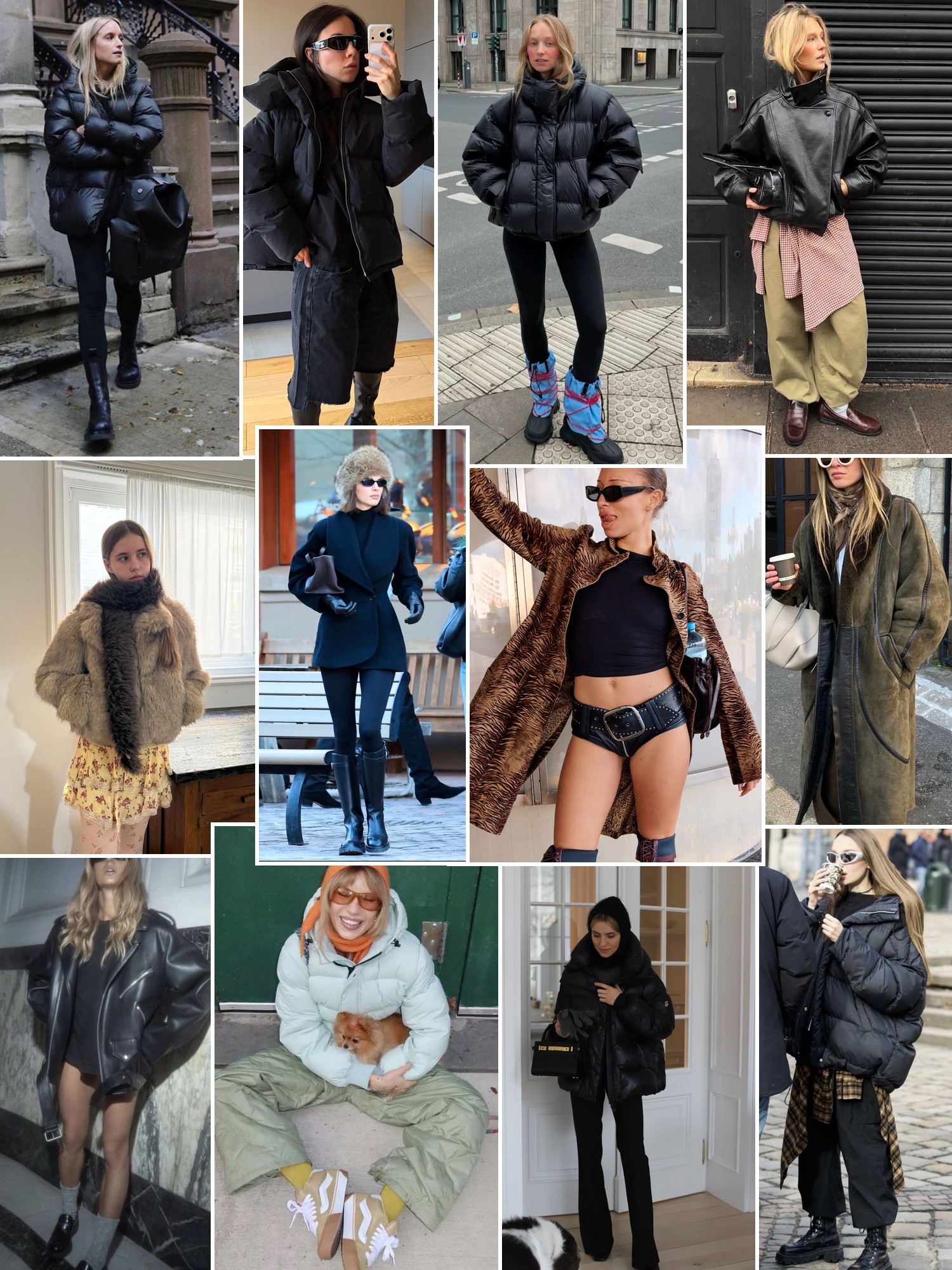 Collage of winter outfits with oversized parkas, quilted puffers, fur textures and city street style