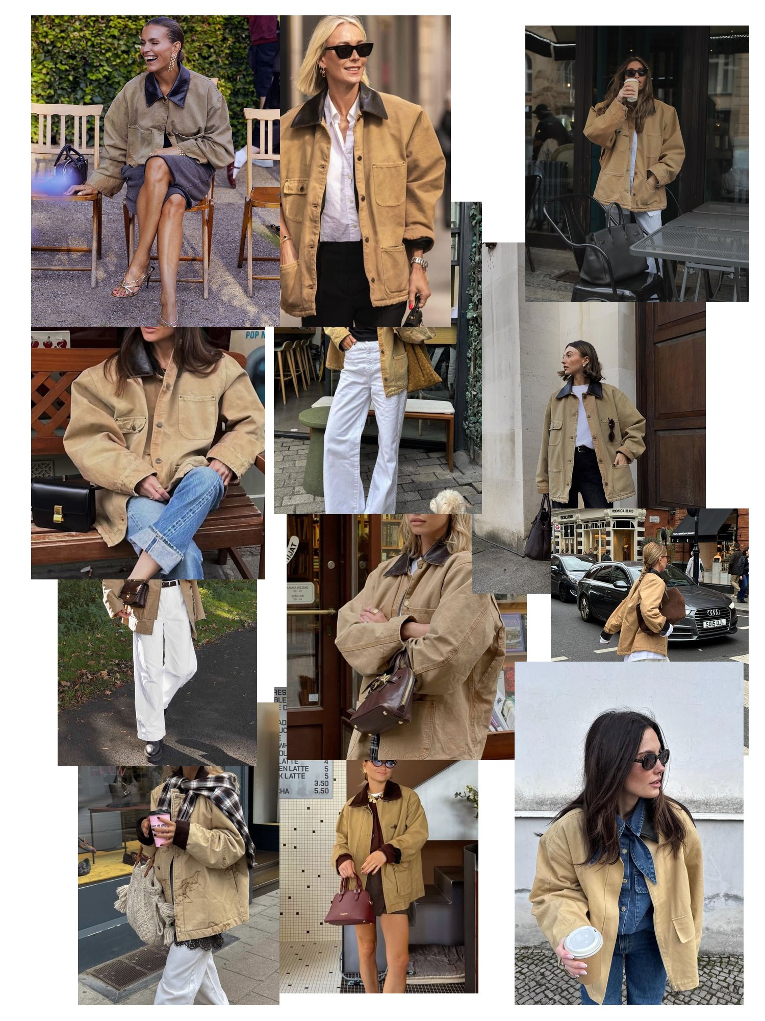 Street-style collage of 12 outfit photos featuring barn jacket women, scattered and overlapping