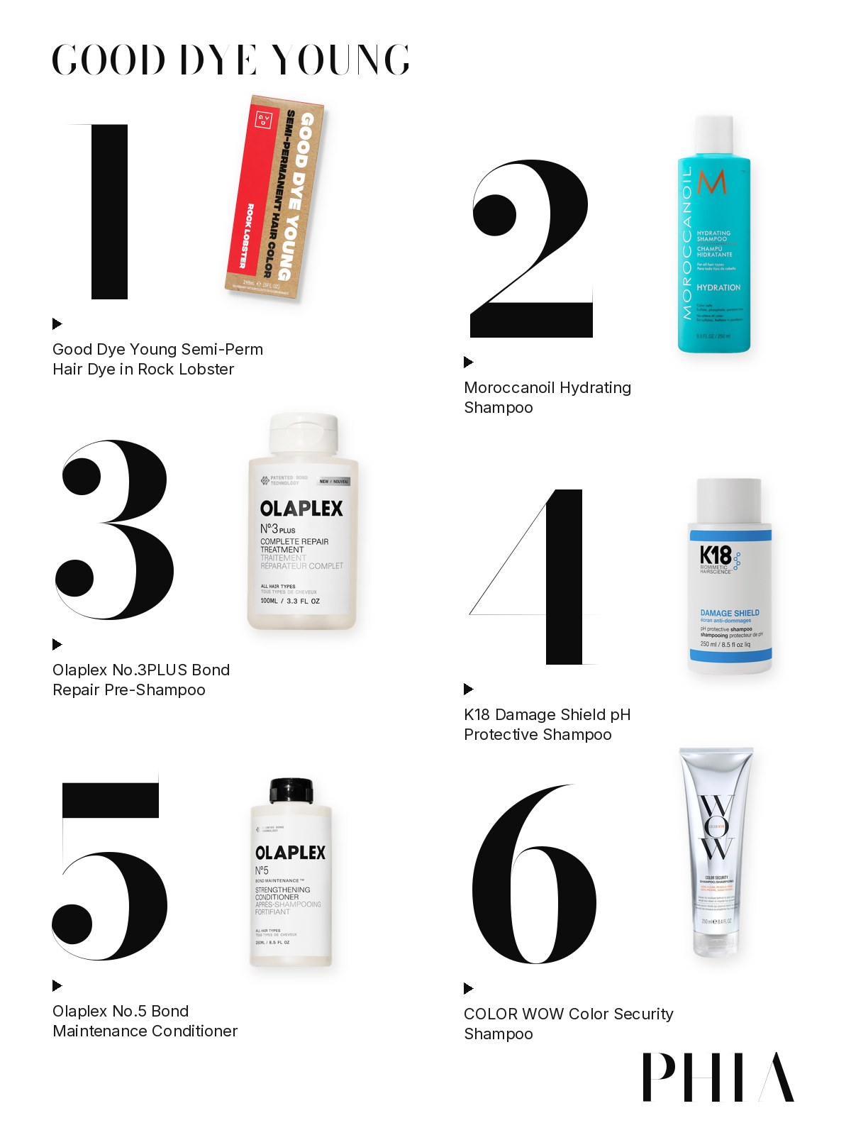 Big numbers collage for Good Dye Young: six products from Good Dye Young, Moroccanoil, Olaplex, K18 and Color Wow, each set beside a large numeral