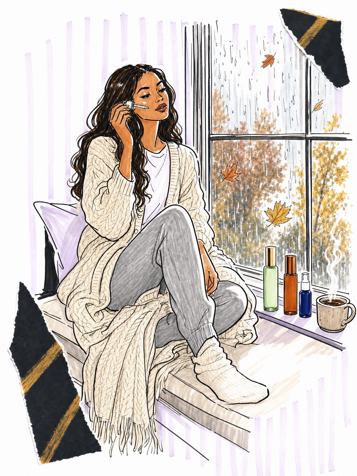 Illustration of a woman in a cream cable cardigan and wool socks on a rainy window seat, pressing serum into her cheek from a dropper beside green, amber and blue serum bottles and a mug of coffee