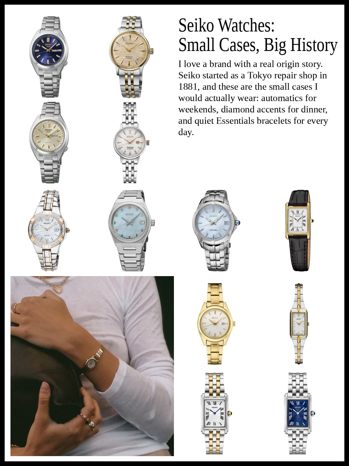 A collage of Seiko women's bracelet watches, including automatics, diamond models and gold-tone and two-tone Essentials, and a mood photo of a small silver watch on a wrist with a white sleeve.