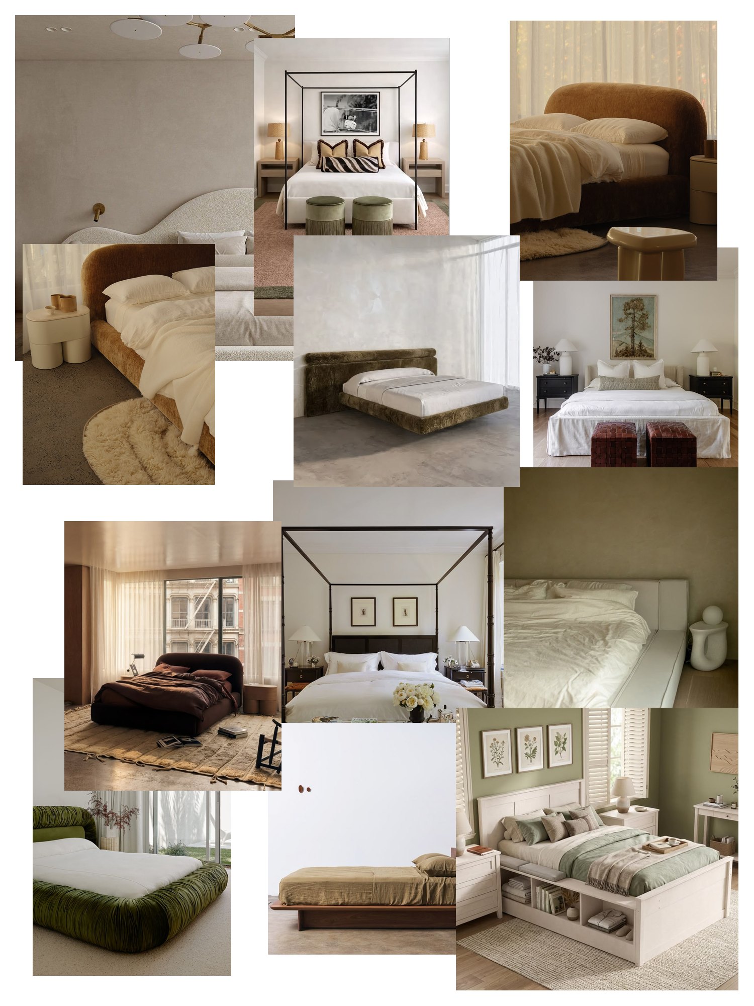 Street-style collage of 12 outfit photos featuring bed frame, scattered and overlapping