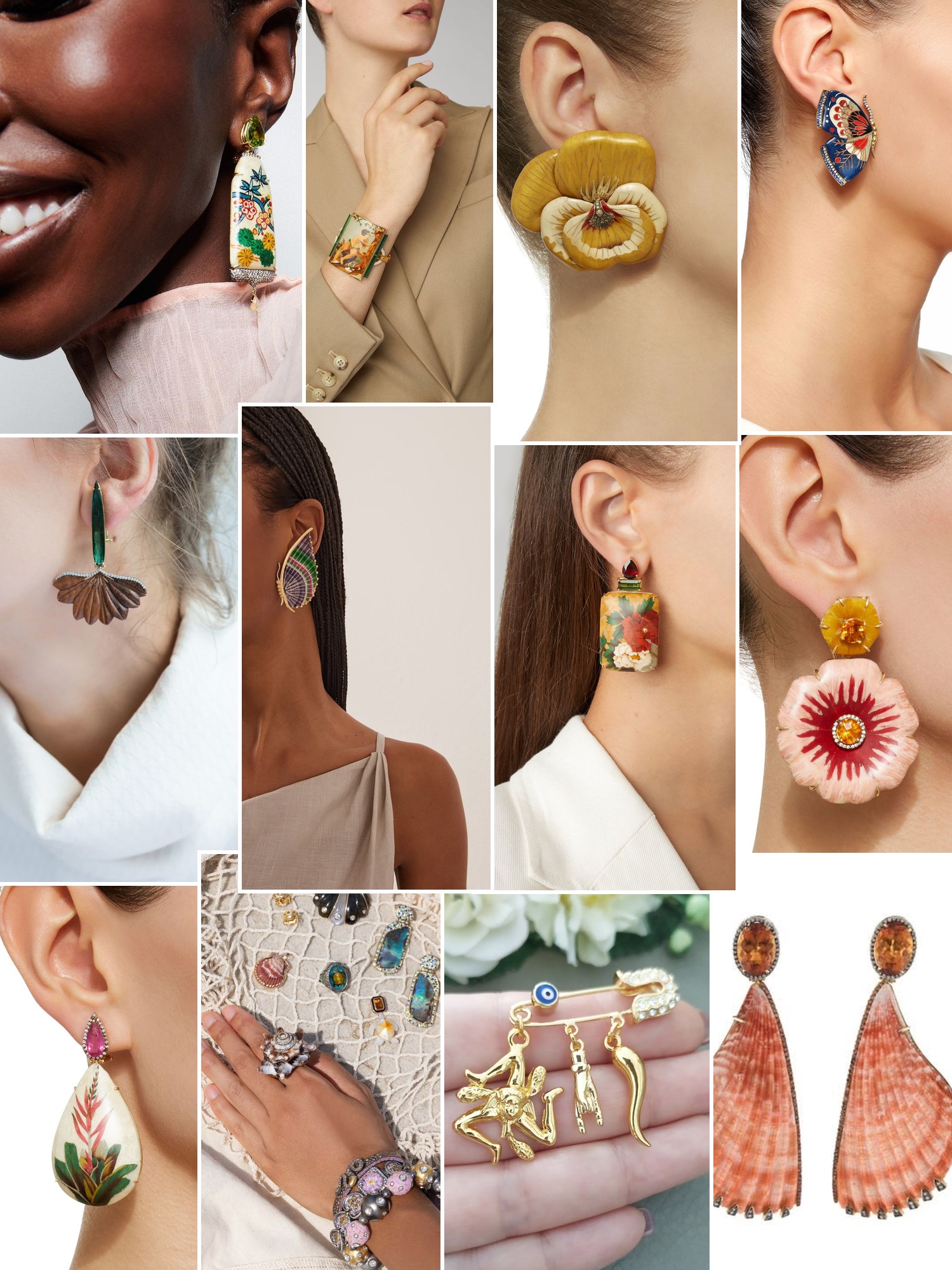 Collage of rings, earrings and layered necklaces worn up close, in the spirit of Silvia Furmanovich