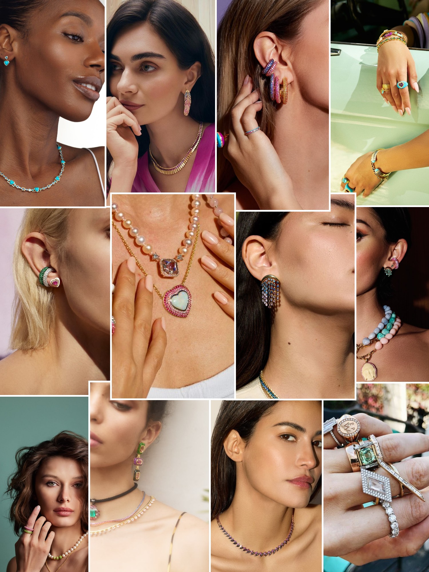 Collage of rings, earrings and layered necklaces worn up close, in the spirit of Emily P. Wheeler