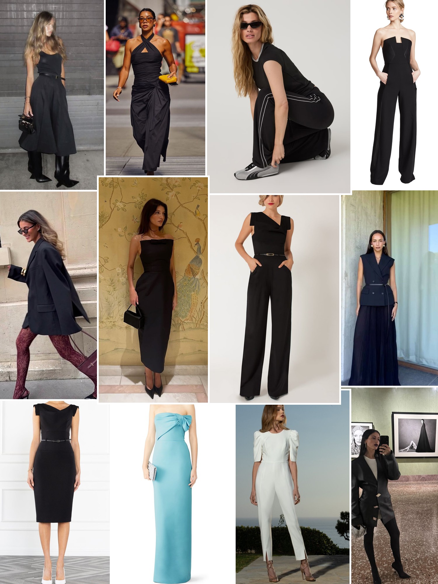 Collage of elegant evening dresses, tailored jumpsuits, and polished street style looks