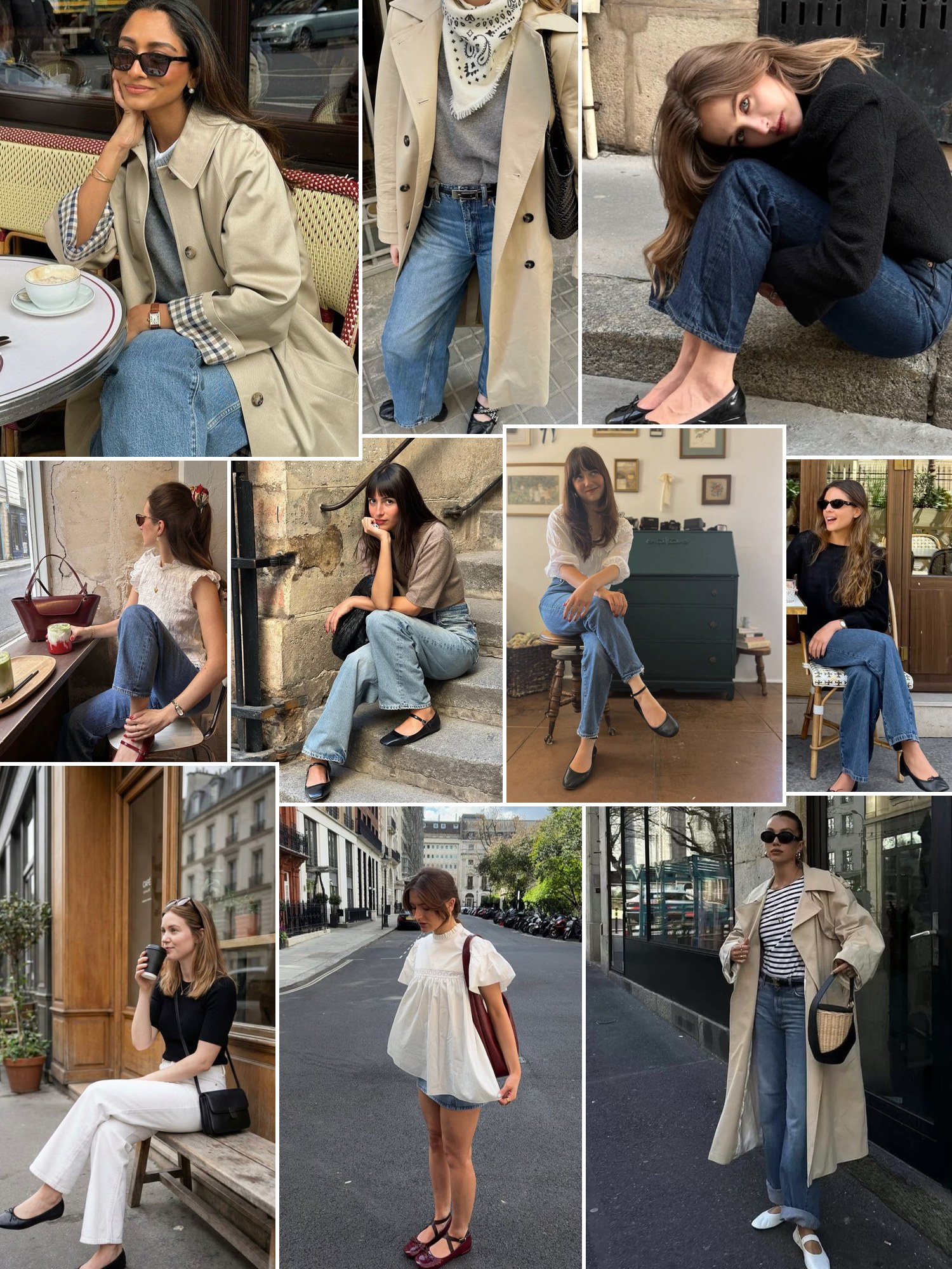 Collage of trench coats, stripes and ballet flats