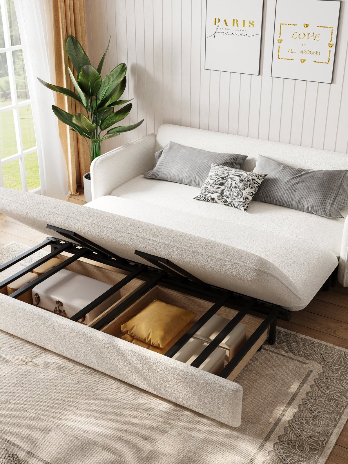 White sofa bed with a pull-out storage drawer under the seat