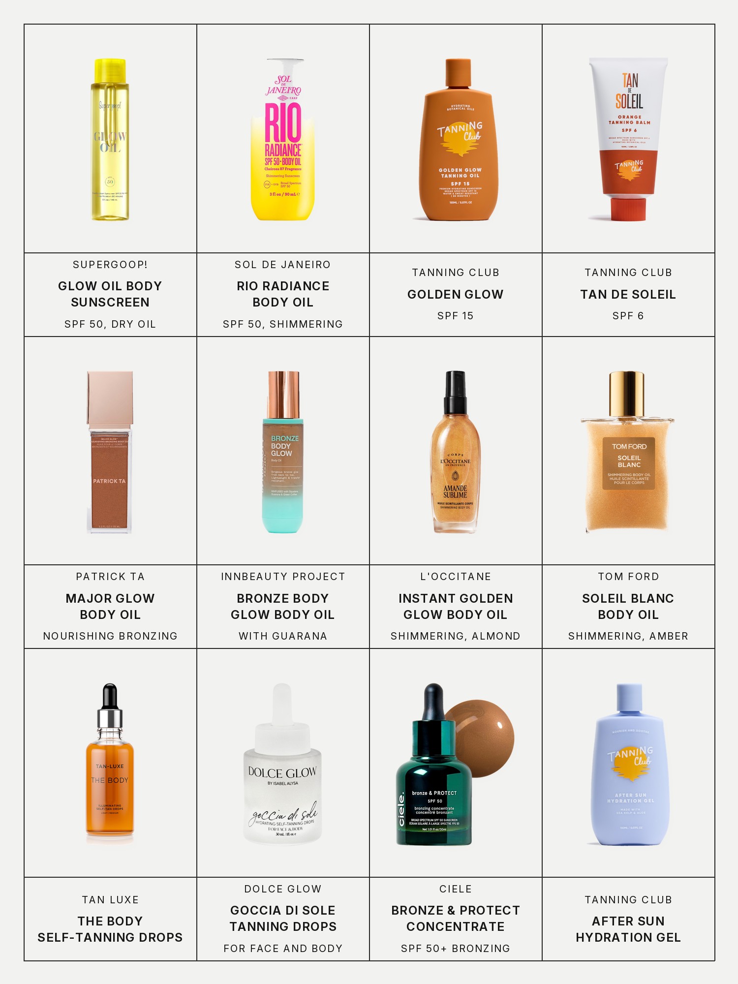 Twelve boxes on a pale grey page, one for each product in this edit, each with its brand and name printed below: Supergoop Glow Oil SPF 50 Dry Body Oil Sunscreen, Sol de Janeiro Rio Radiance SPF 50 Shimmering Body Oil Sunscreen, Tanning Club Golden Glow SPF 15, Tanning Club Tan De Soleil SPF 6, Patrick Ta Major Glow Nourishing Bronzing Body Oil, Innbeauty Project Bronze Body Glow Transfer-Resistant Luminous Body Oil with Guarana & Green Coffee, L'Occitane Instant Golden Glow with Almond Shimmering Body Oil, Tom Ford Soleil Blanc Shimmering Body Oil with Amber & Bergamot, Tan Luxe The Body Self-Tanning Drops, Dolce Glow Goccia di Sole Hydrating Self-Tanning Serum Drops for Face and Body, Ciele Bronze & Protect SPF 50+ Bronzing Concentrate and Tanning Club After Sun Hydration Gel.