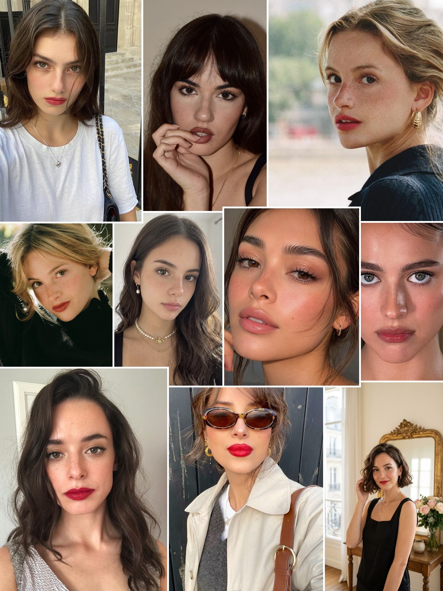 Street style collage of women wearing French makeup