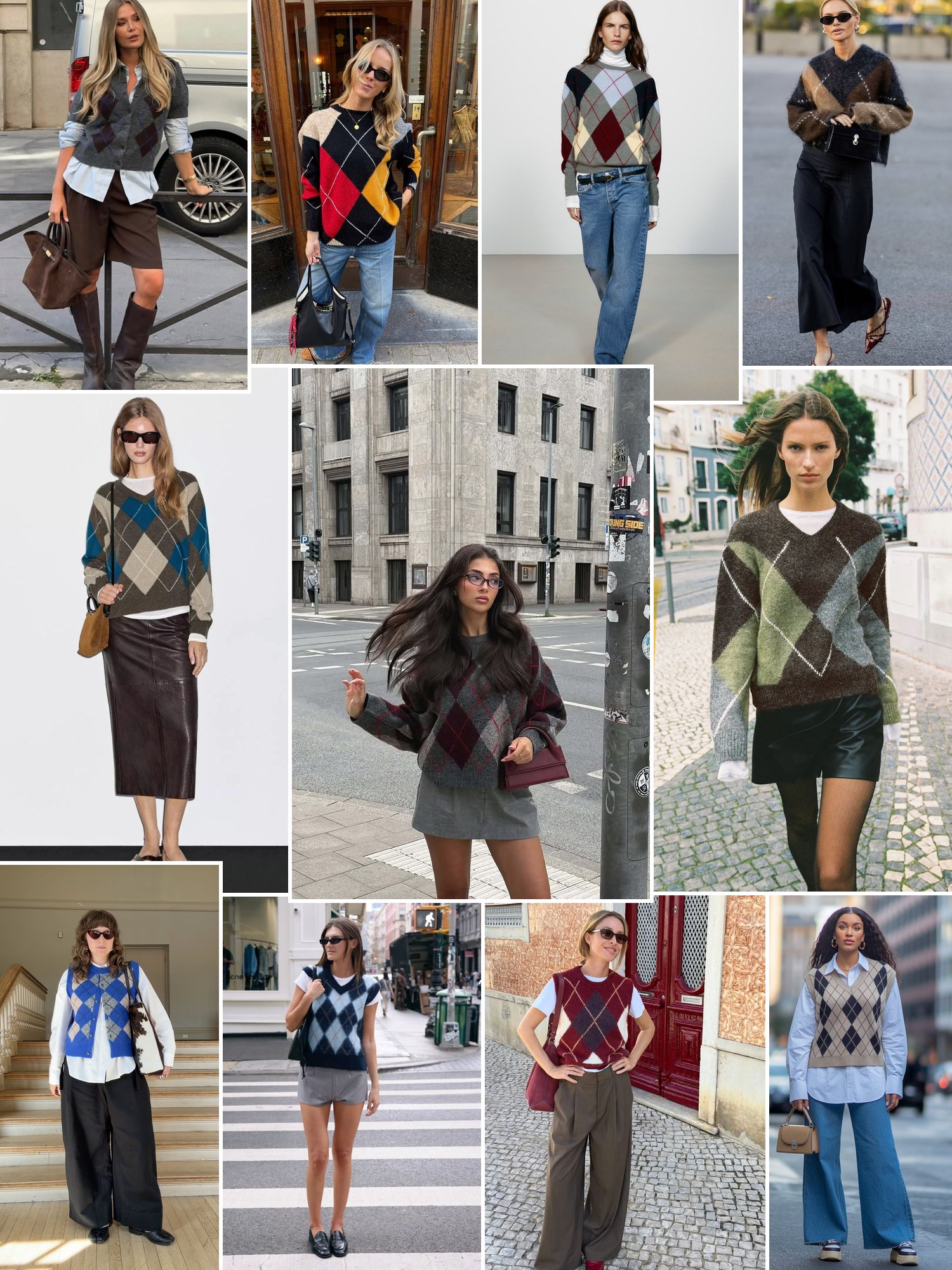 Street style collage of women wearing Argyle sweater