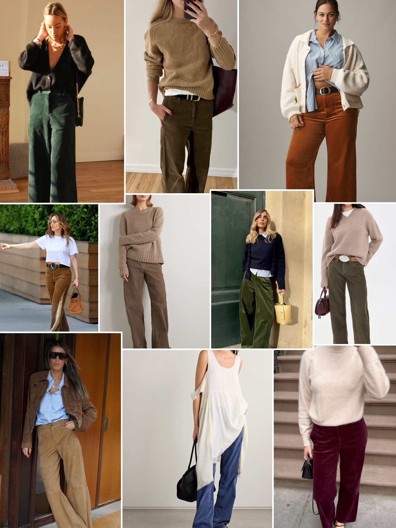 Collage of everyday outfits built around Corduroy pants
