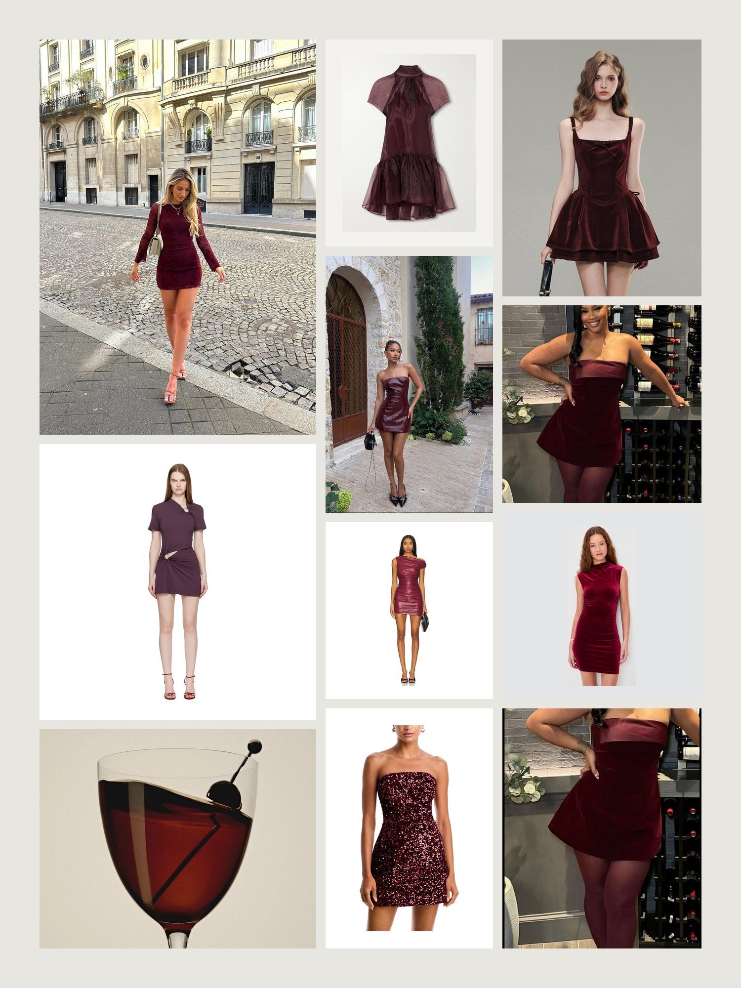 Vibe collage for burgundy mini dresses: wine-red minis with tights and boots, a glass of red and the minis from the grid below