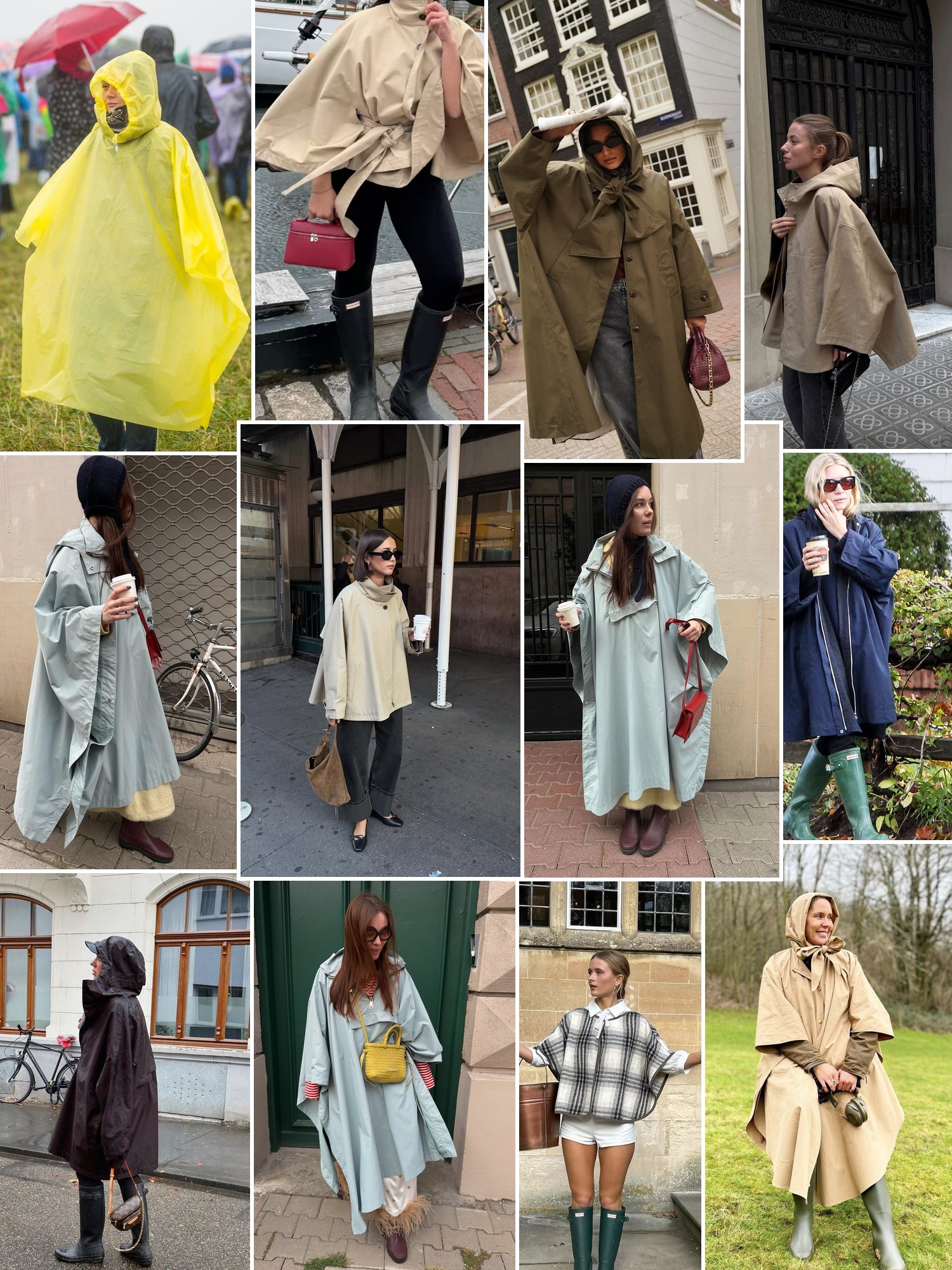 Street style collage of women wearing rain poncho