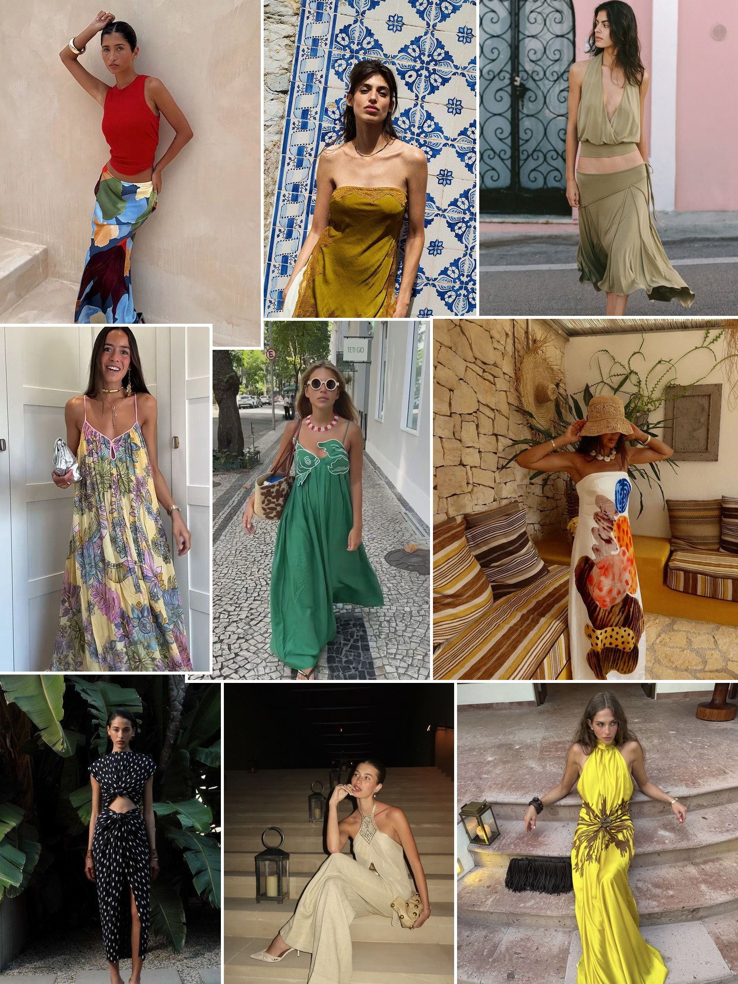 Collage of tropical chic evening outfits with linen dresses, silk sets and woven bags