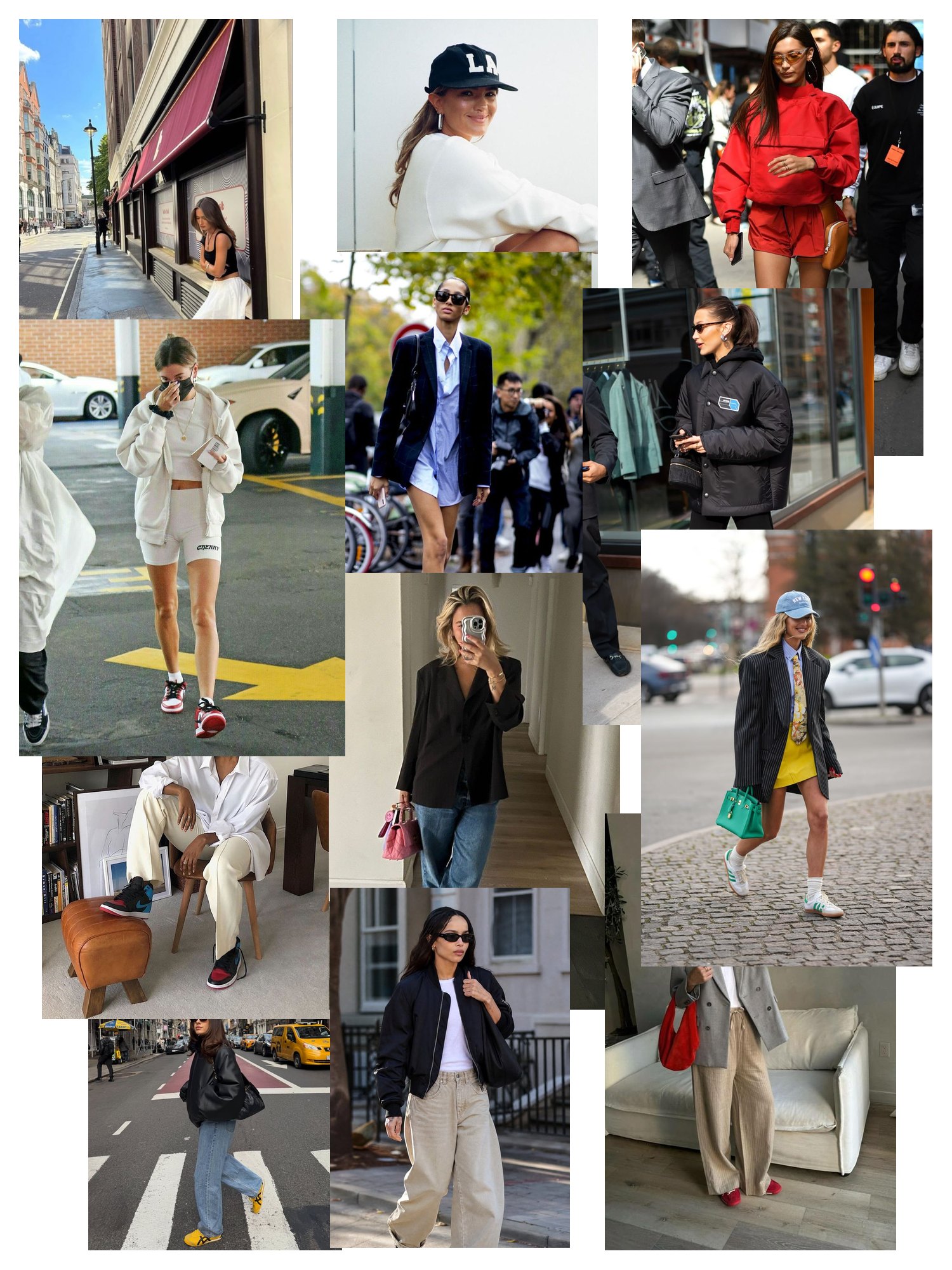 Street-style collage of 12 outfit photos featuring womens sneakers, scattered and overlapping