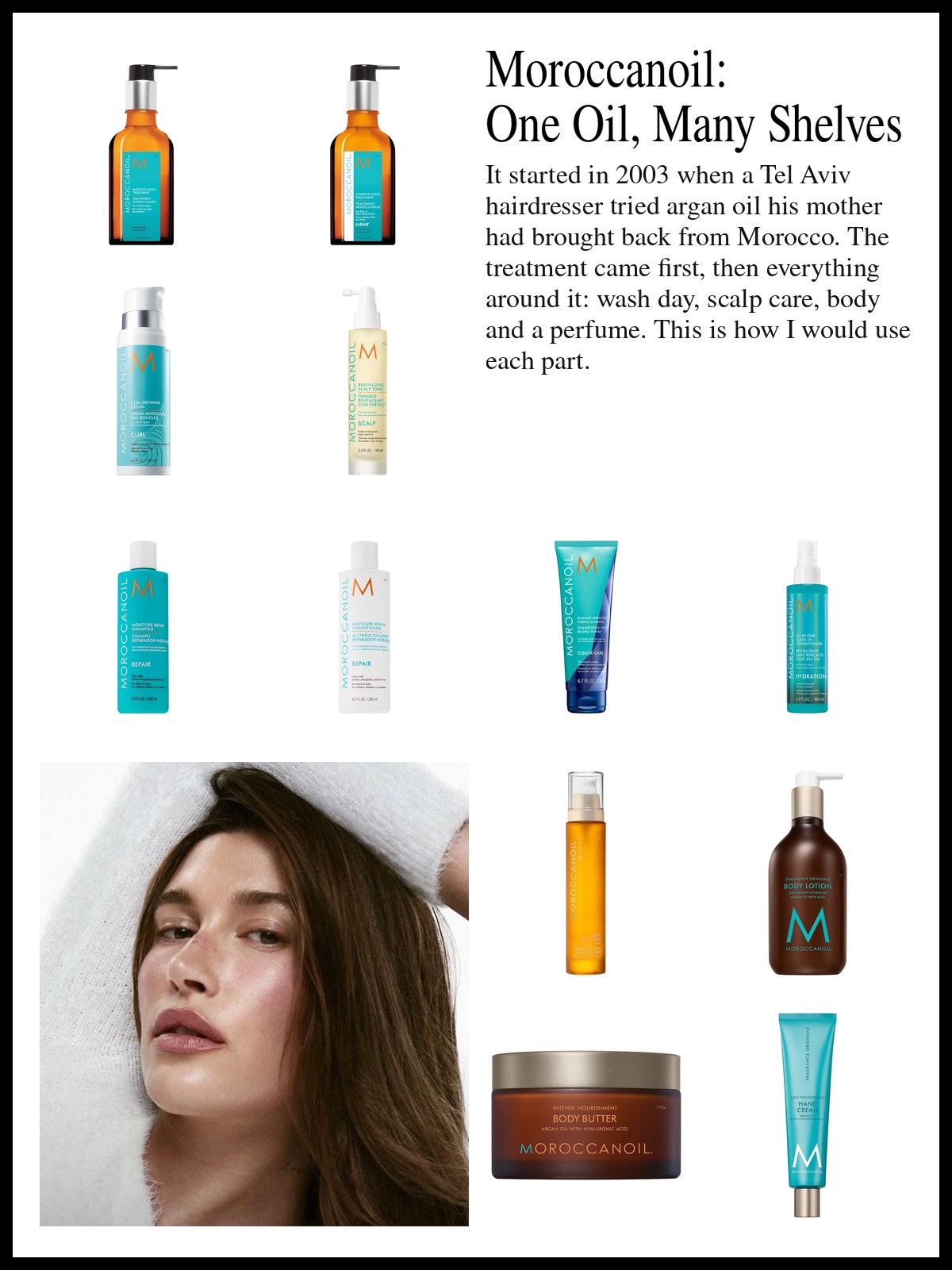 Collage of Moroccanoil hair oils, shampoos, masks, body lotion and fragrance beside a close-up photo of a brunette woman with glowing skin and soft pink lips, one arm raised in a fluffy white sweater.