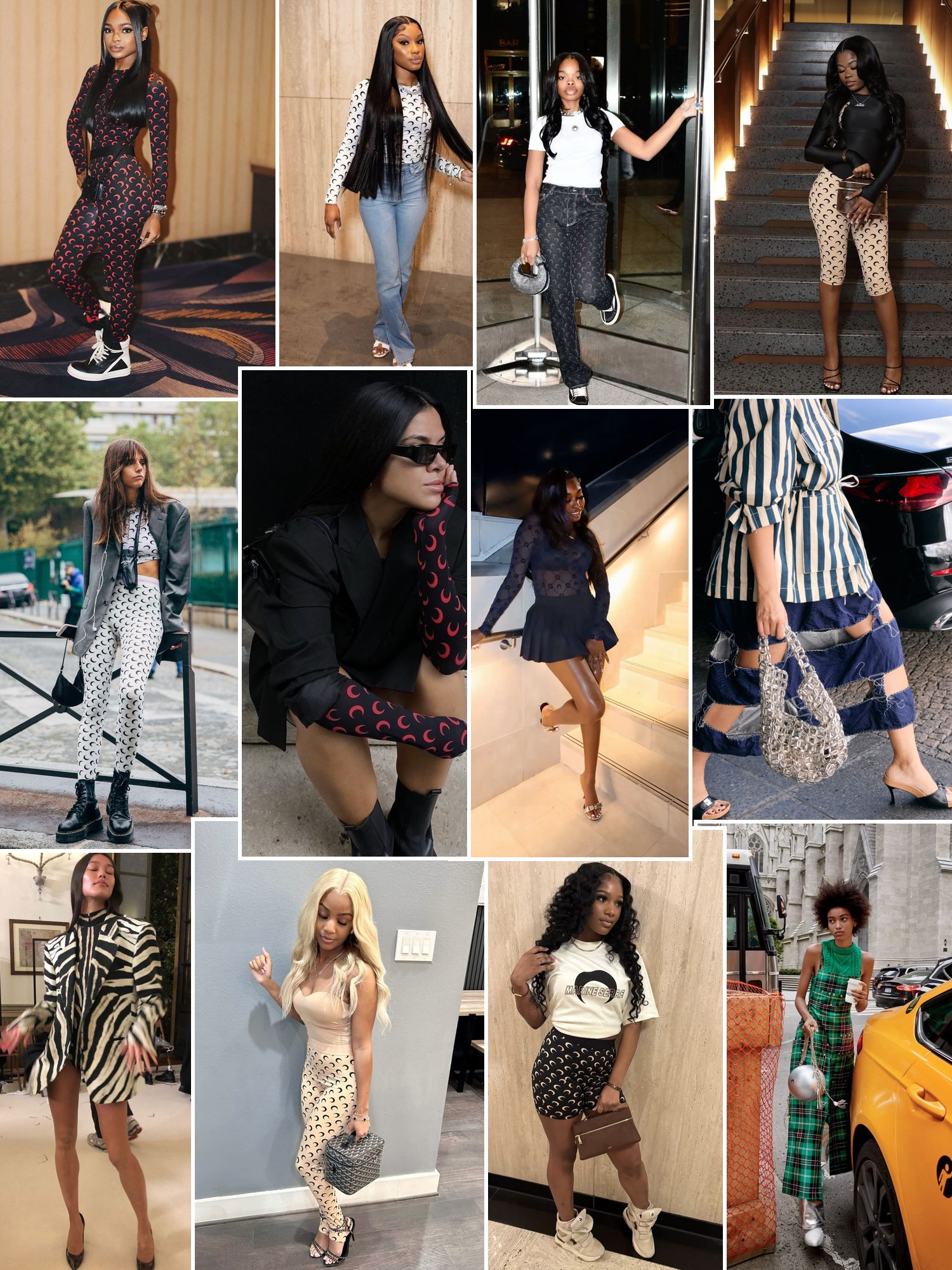 Collage of crescent print streetwear, fitted sets, layered jackets and bold patterned looks.