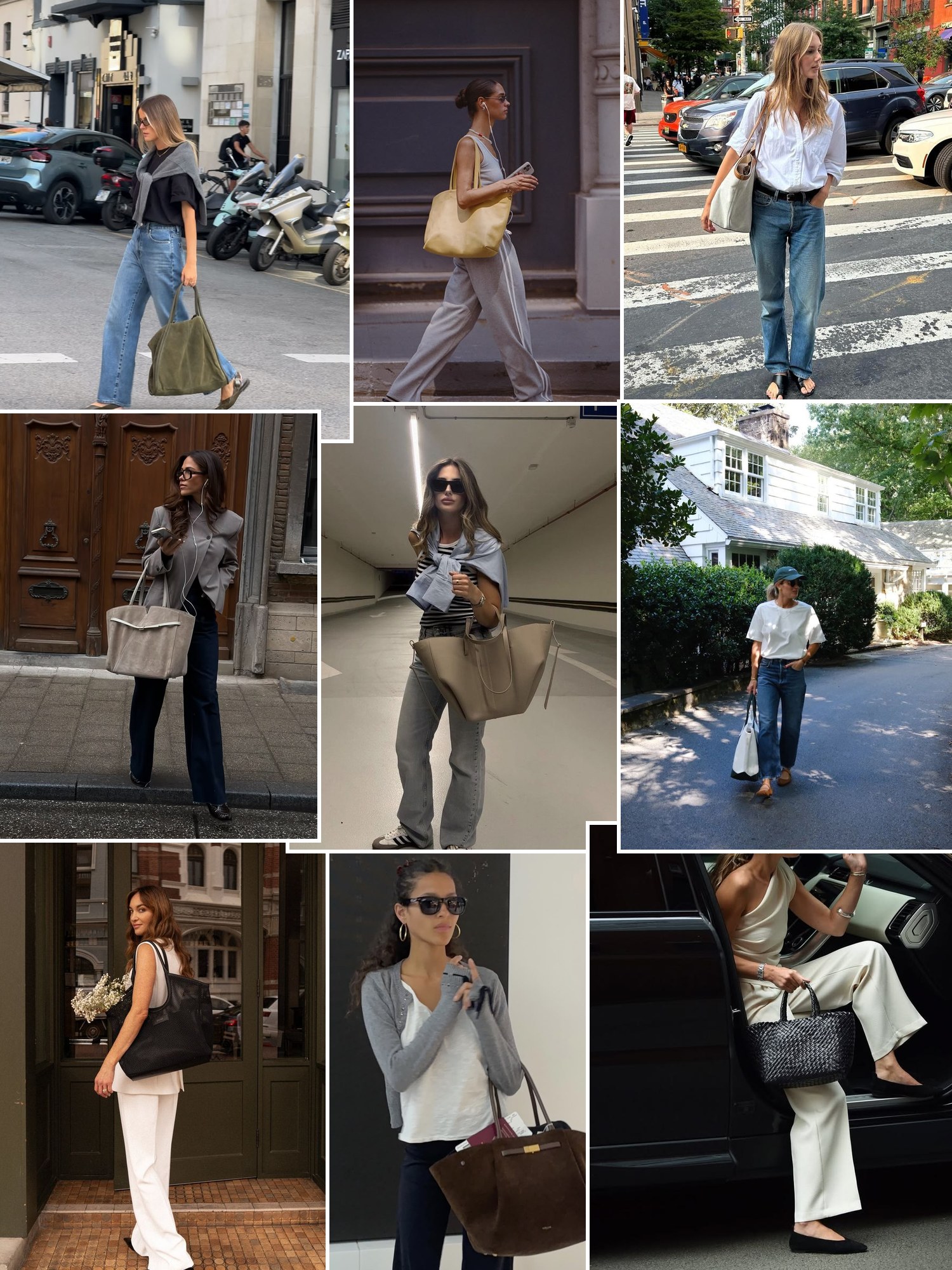 Collage of coated canvas open totes with leather trim and similar looks