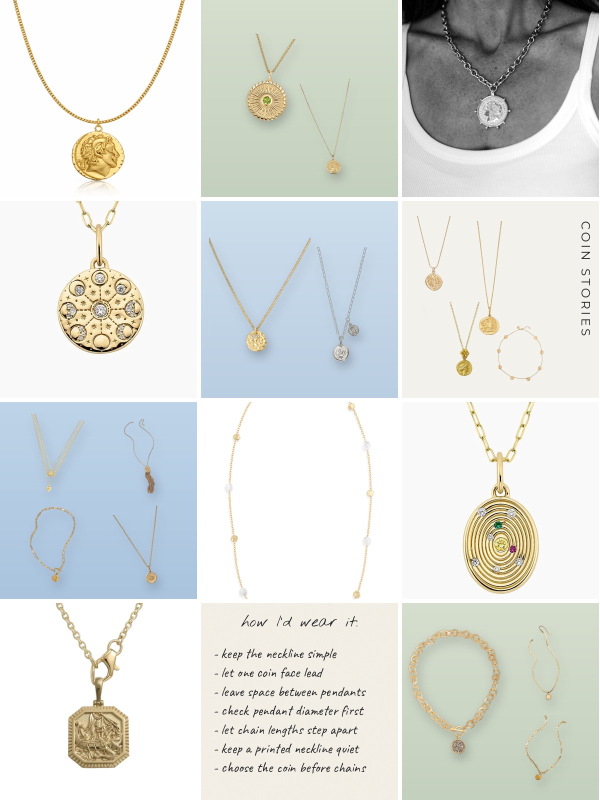 Collage: twenty coin necklace products with a how I would wear it note