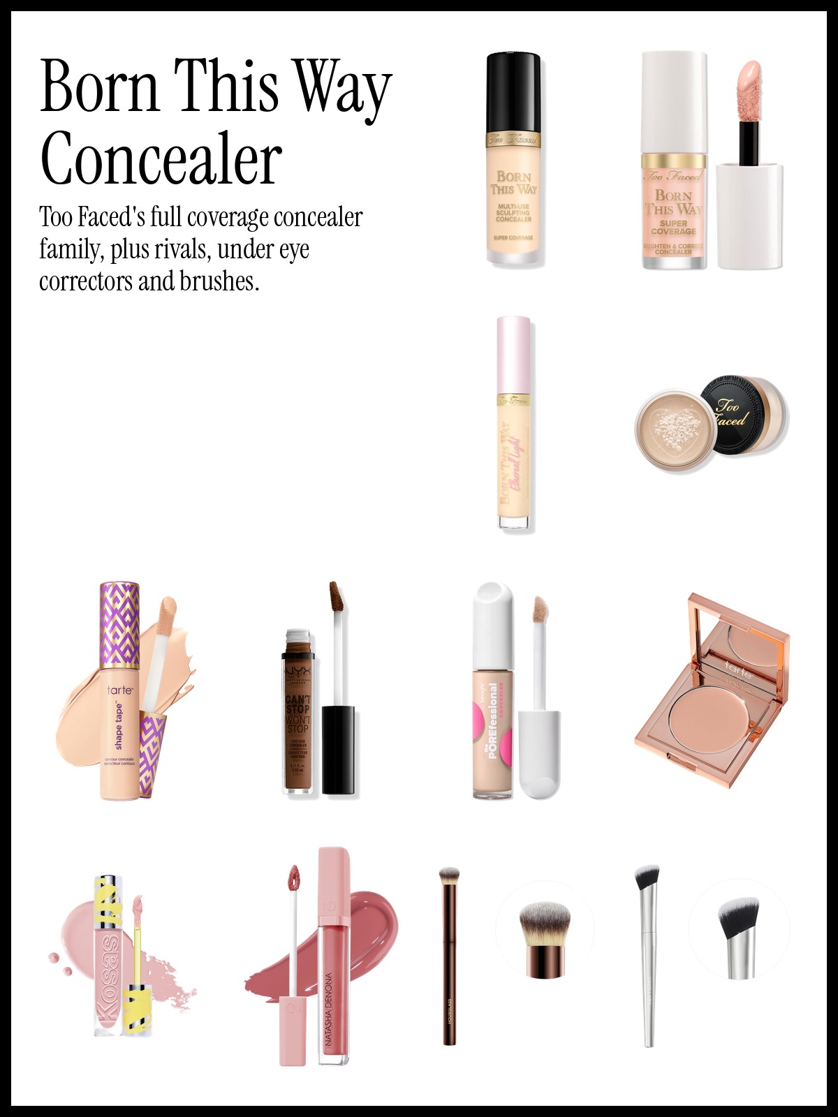 Collage of Too Faced Born This Way Super Coverage Multi-Use Concealer, tarte Shape Tape concealer and tarte CC undereye corrector