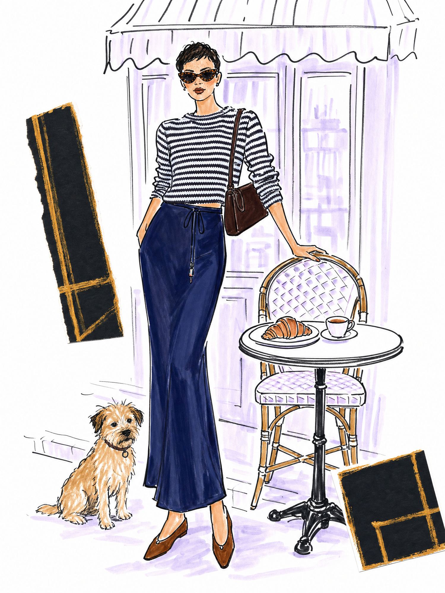 Illustration of a woman at a sidewalk cafe table in a cropped Breton striped sweater, navy satin maxi skirt, brown suede flats and tortoiseshell sunglasses