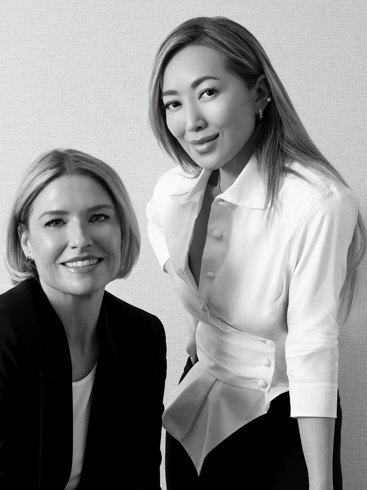 U Beauty co-founders Tina Chen Craig and Katie Borghese in a black-and-white studio portrait