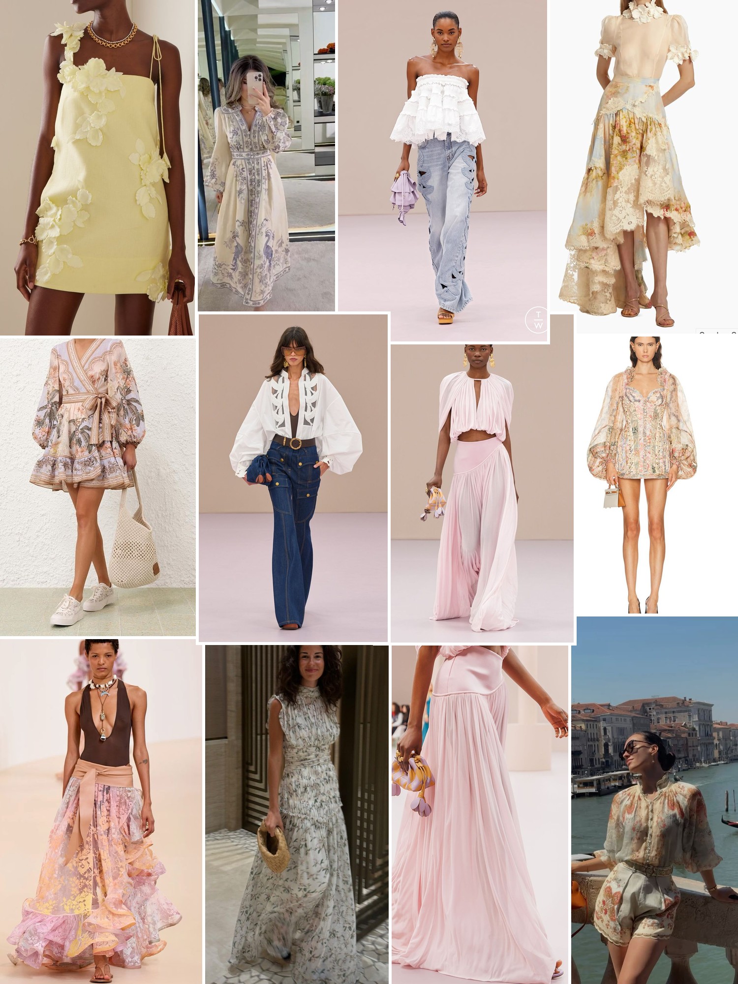 Collage of runway looks, campaign shots and street style outfits that capture the Zimmermann mood