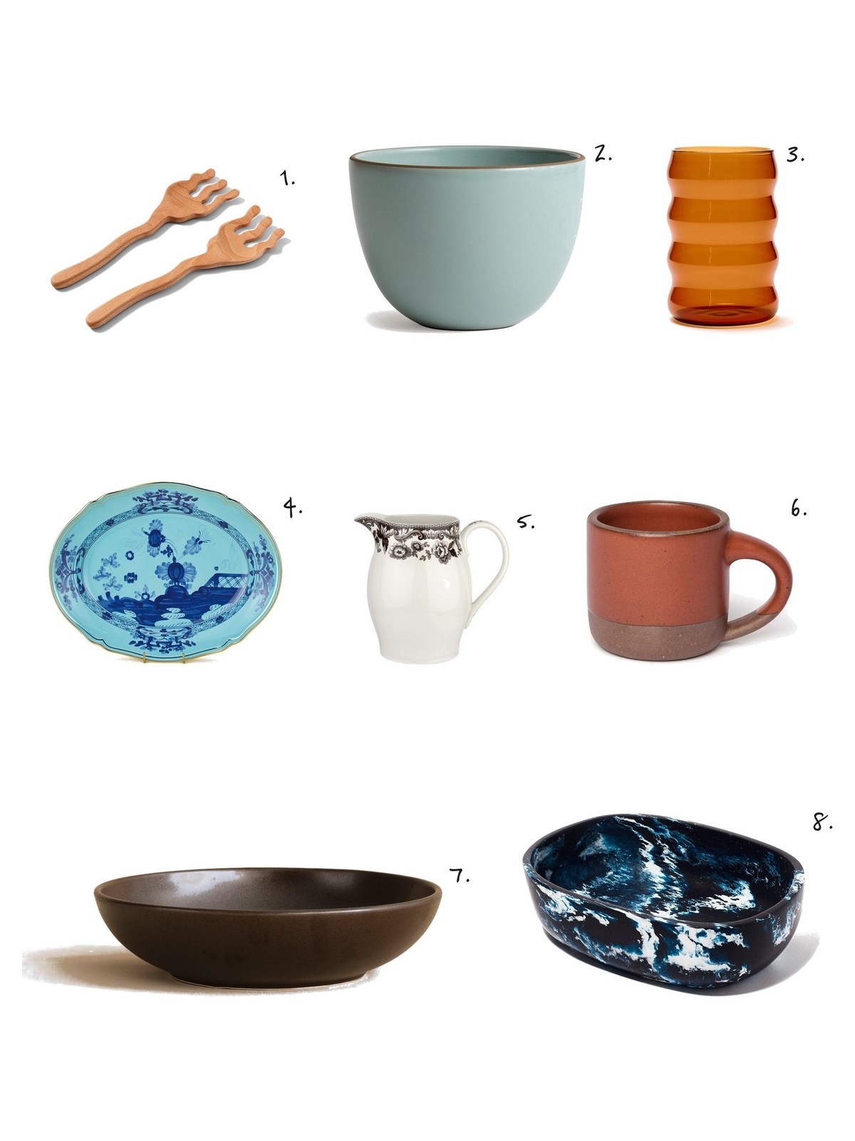 Numbered collage: 1. Selena Liu Wavy Serving Friends; 2. Heath Ceramics Deep Serving Bowl; 3. Sophie Lou Jacobsen Jumbo Ripple Cup; 4. Ginori Oriente Italiano Oval Platter in Iris; 5. Spode Delamere Pitcher; 6. East Fork Small Mug; 7. Jenni Kayne Pacific Serving Bowl; 8. Snowe Resin Oval Serving Bowl