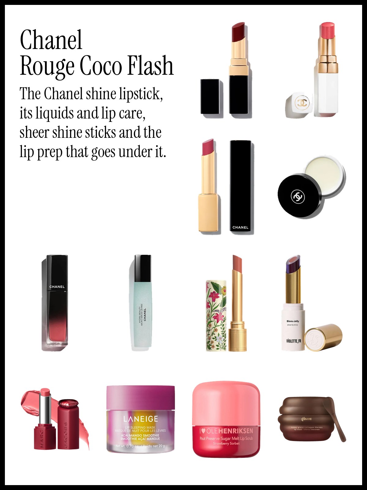 Collage of Chanel Rouge Coco Flash, Rouge Coco Baume, Rouge Allure L'Extrait, Hydra Beauty lip care, Gucci Glow & Care lipstick and Marc Jacobs Heart On