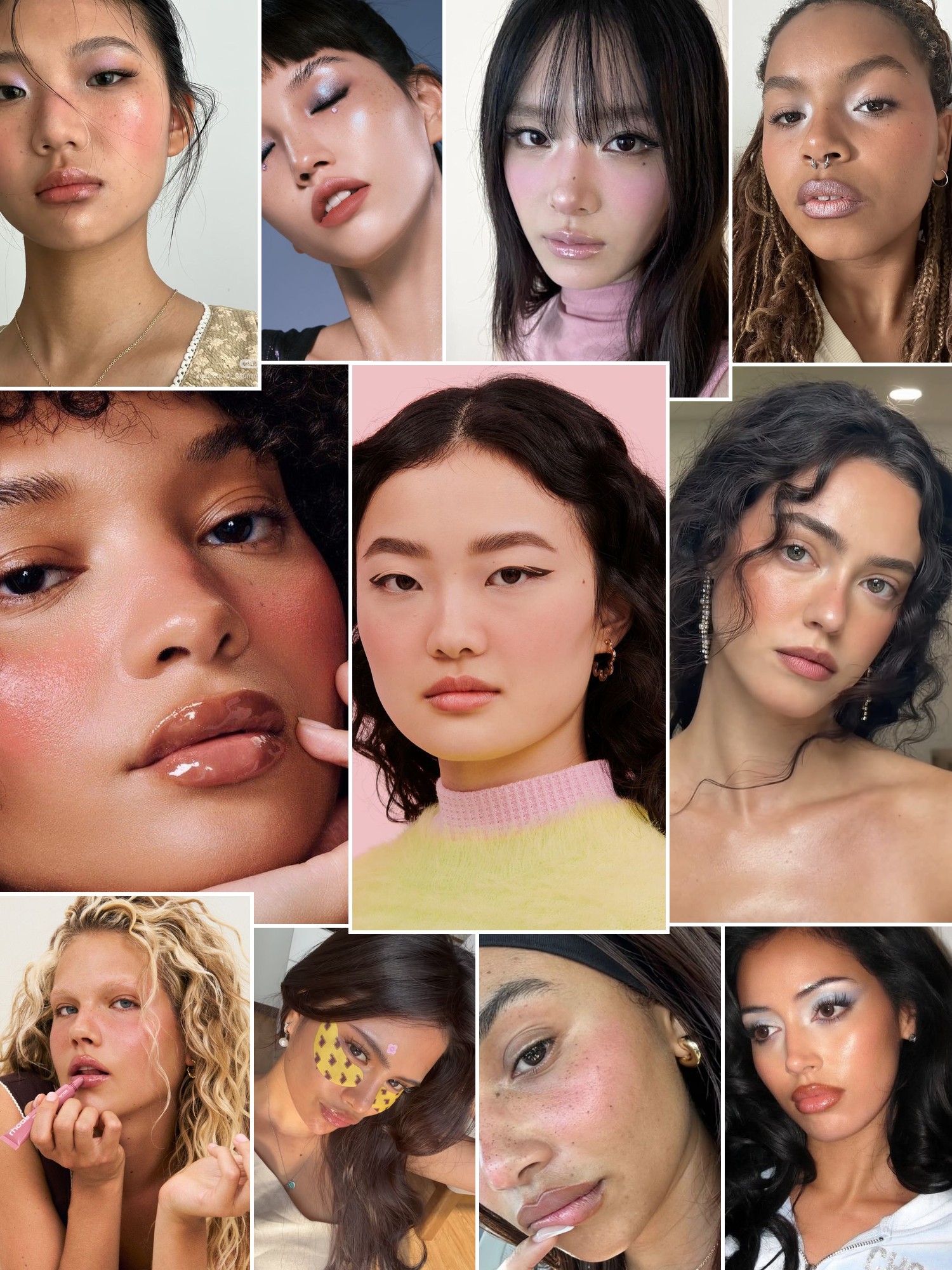 Beauty close ups with luminous skin, soft blush, glossy lips and varied eye looks.