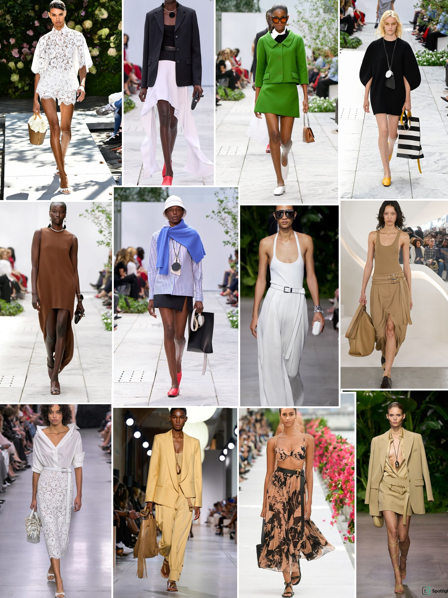 Collage of runway looks, campaign shots and street style outfits that capture the Michael Kors Collection mood