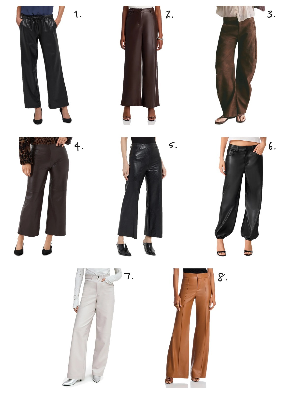 Numbered collage of eight faux leather pants from NYDJ, Lucy Paris, Free People, Karen Kane, Lyssé, Steve Madden, Marcella and Alice and Olivia