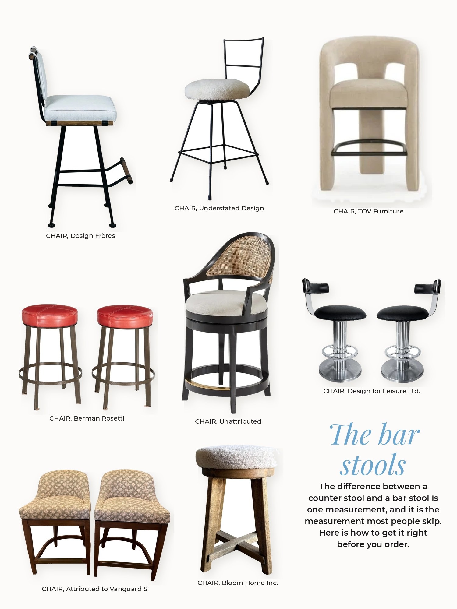 Bar stools collage: Attributed to Vanguard Studios, Berman Rosetti, Bloom Home Inc., Design Frères, Design for Leisure Ltd., TOV Furniture, Unattributed, Understated Desi