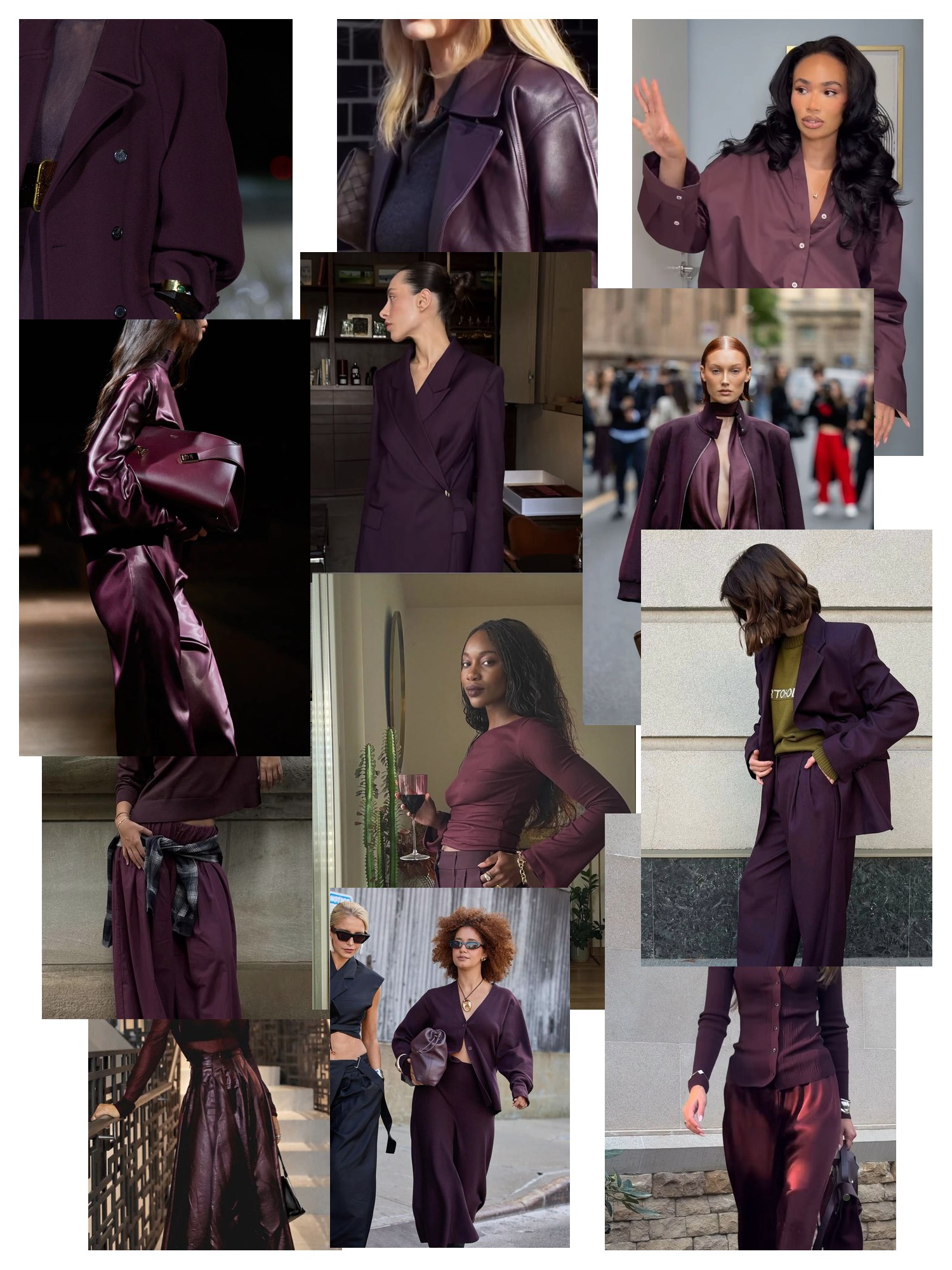 Collage of twelve street-style photos of women wearing plum and black outfits, scattered and overlapping on white