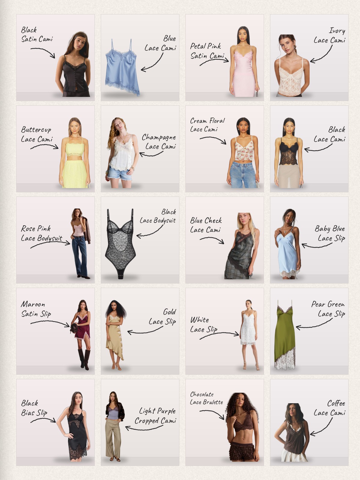 Collage: twenty Lace cami products with handwritten labels