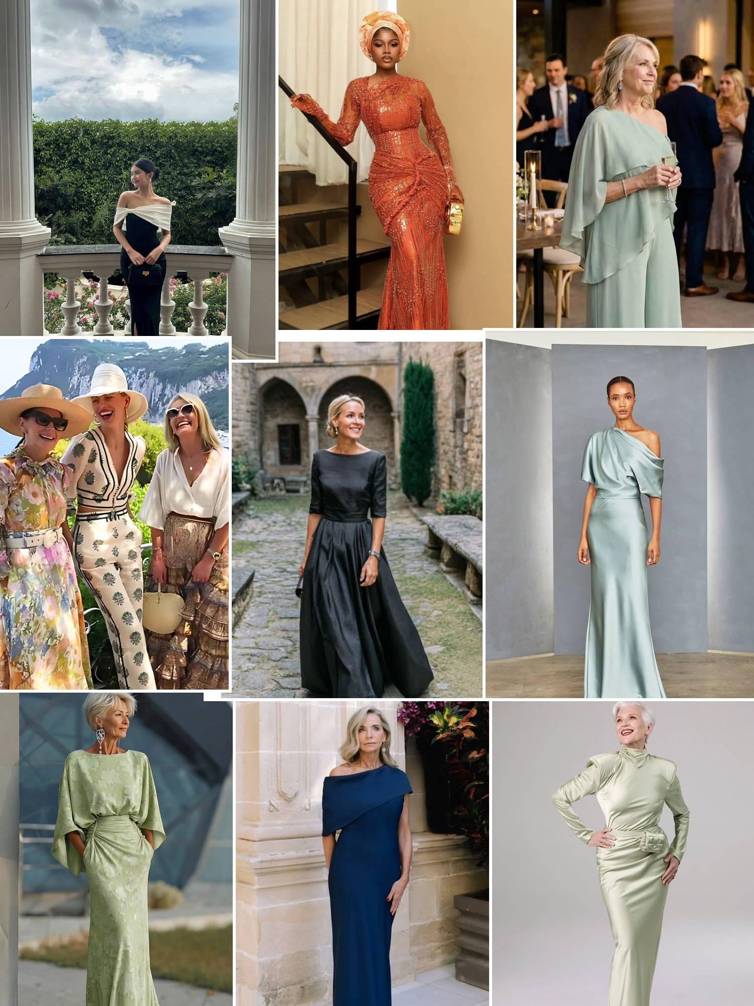 Street style collage of women wearing wedding guest dresses for women over 50