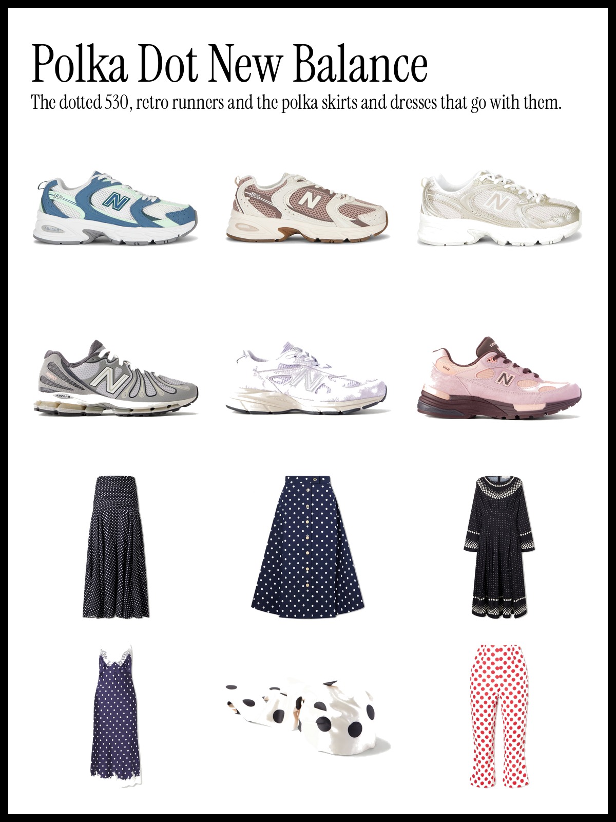 Collage of New Balance 530 sneakers, retro New Balance runners, polka dot skirts, dresses, tights and a polka dot capri