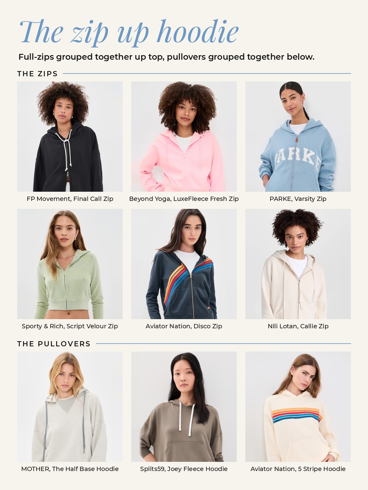 Zip up hoodie collage: full-zip hoodies from FP Movement, Beyond Yoga, PARKE, Sporty & Rich, Aviator Nation and Nili Lotan grouped together, and pullover hoodies from MOTHER, Splits59 and Aviator Nation grouped together