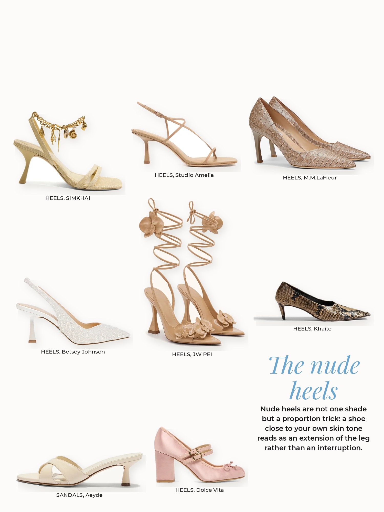 Nude heels collage: Aeyde, Betsey Johnson, Dolce Vita, JW PEI, Khaite, M.M.LaFleur, SIMKHAI, Studio Amelia