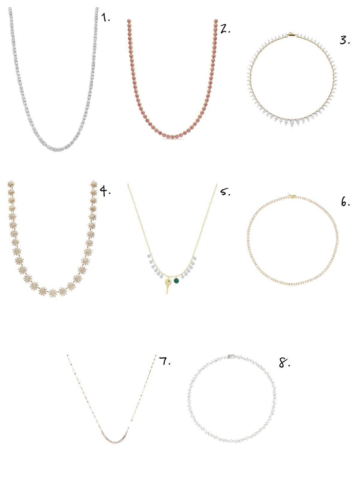 tennis necklaces, numbered picks