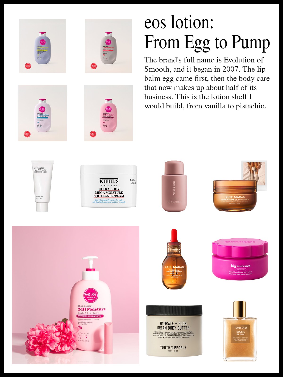Collage of eos body lotions, scented creams, body butters and oils beside a close-up photo of a glossy tan cylindrical bottle with a bright magenta liquid running down its side against a white background.